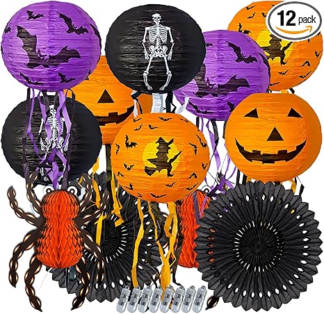 Spooky 12Pcs Halloween Paper Lanterns with LED Lights for Parties