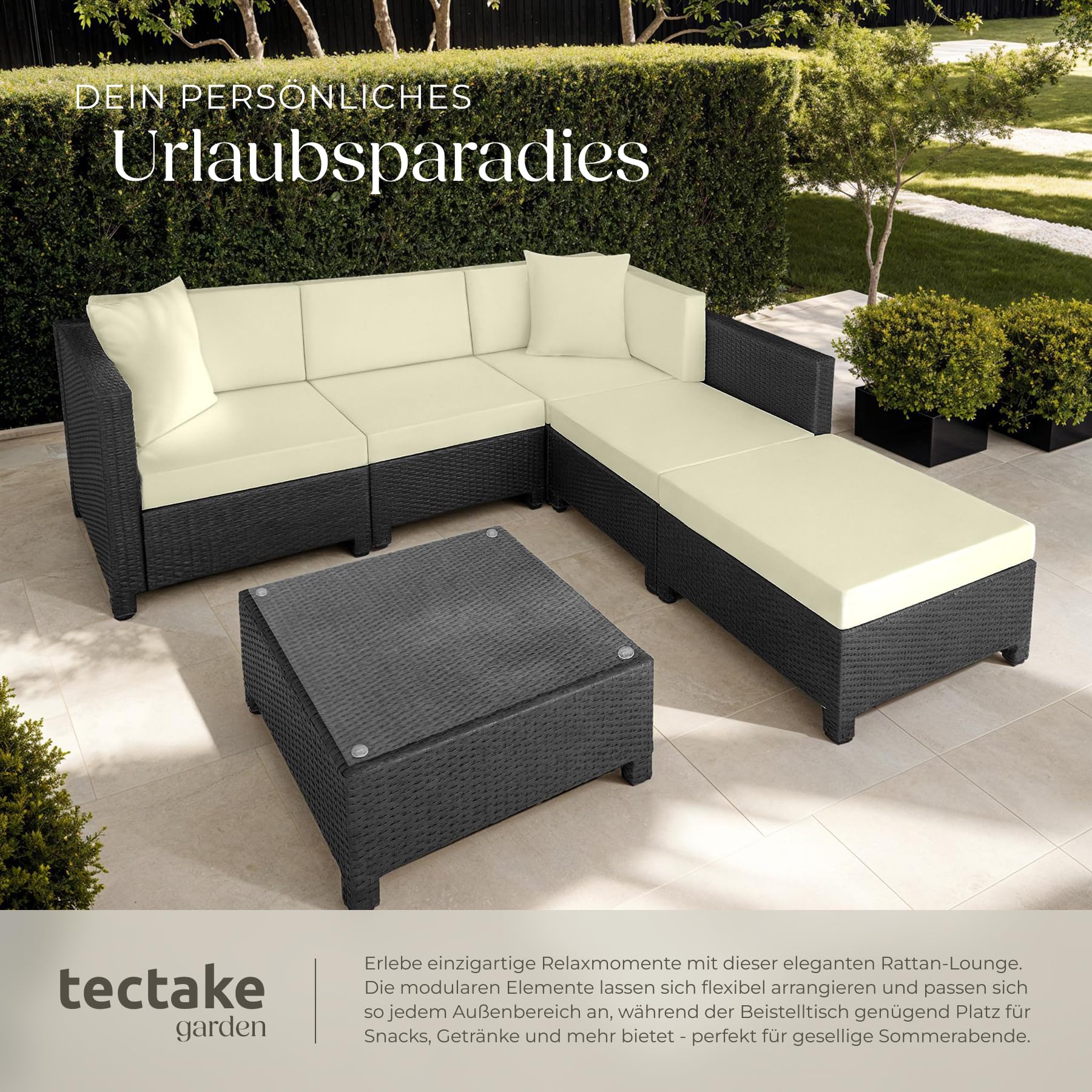 tectake Gartenmöbel Set, Lounge aus Poly Rattan und Aluminium, Balkon Möbel Set mit 10 cm Polsterung und Kissen, ideal für Garten und Balkon, inkl. 2 Sessel, 2 Ecksessel, 1 Tisch, 1 Hocker - schwarz