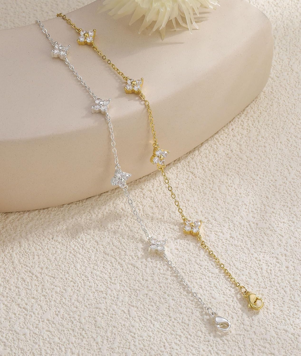 Dainty Silver Gold Bracelets for Women Trendy Non Tarnish 14K Gold Plated Cute Clover Bracelet Stackable Daisy Cubic Zirconia Diamond Charm Bracelet Stack Waterproof Jewelry Gifts