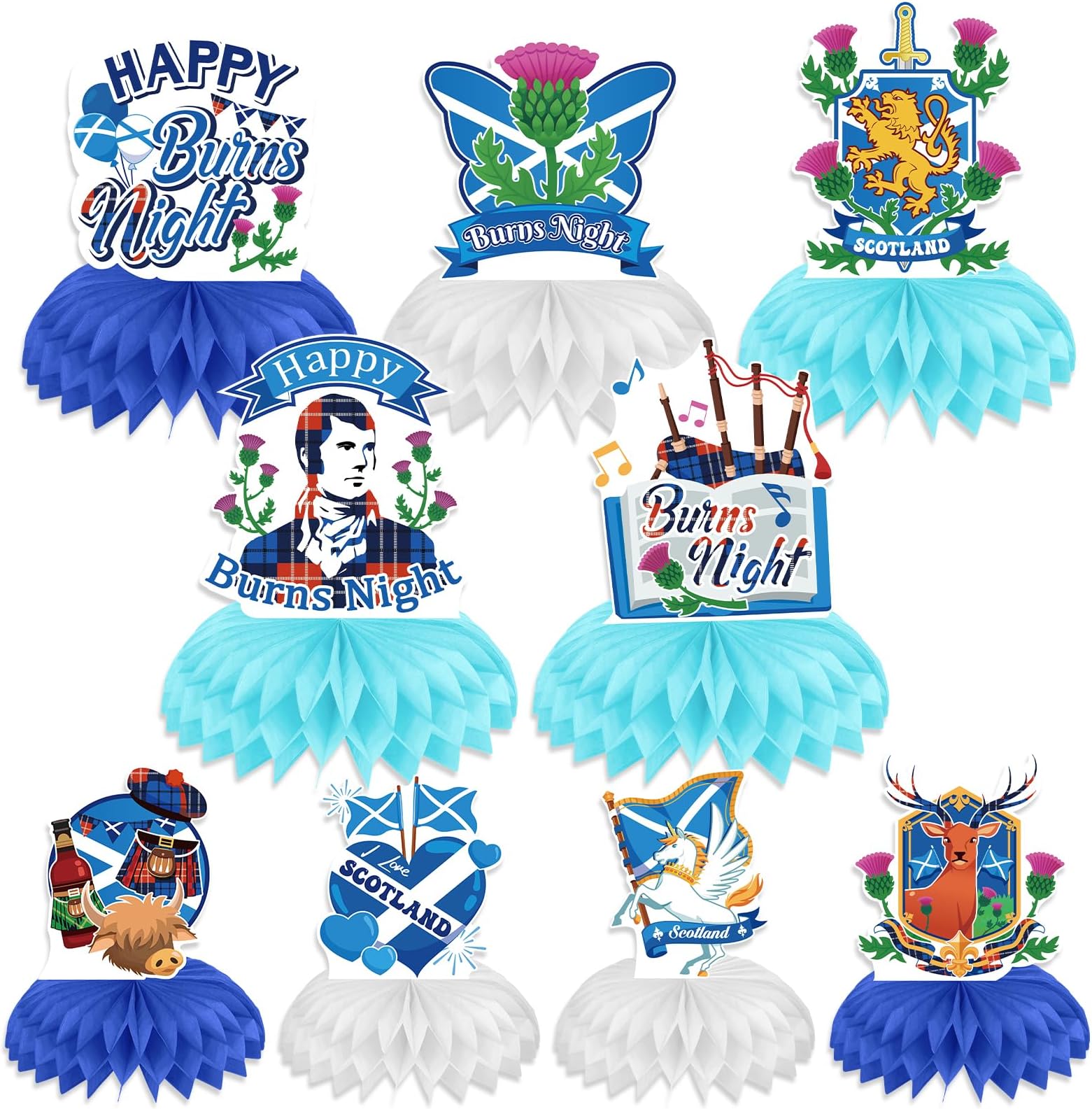 – DPKOW Burns Night Party Table Decorations, 9 Pcs Burns Night Party Honeycomb Centrepiece Scotland Party Decorations Scottish Flag, Thistle, Deer, Unicorn, Highland Cow, Bagpipes