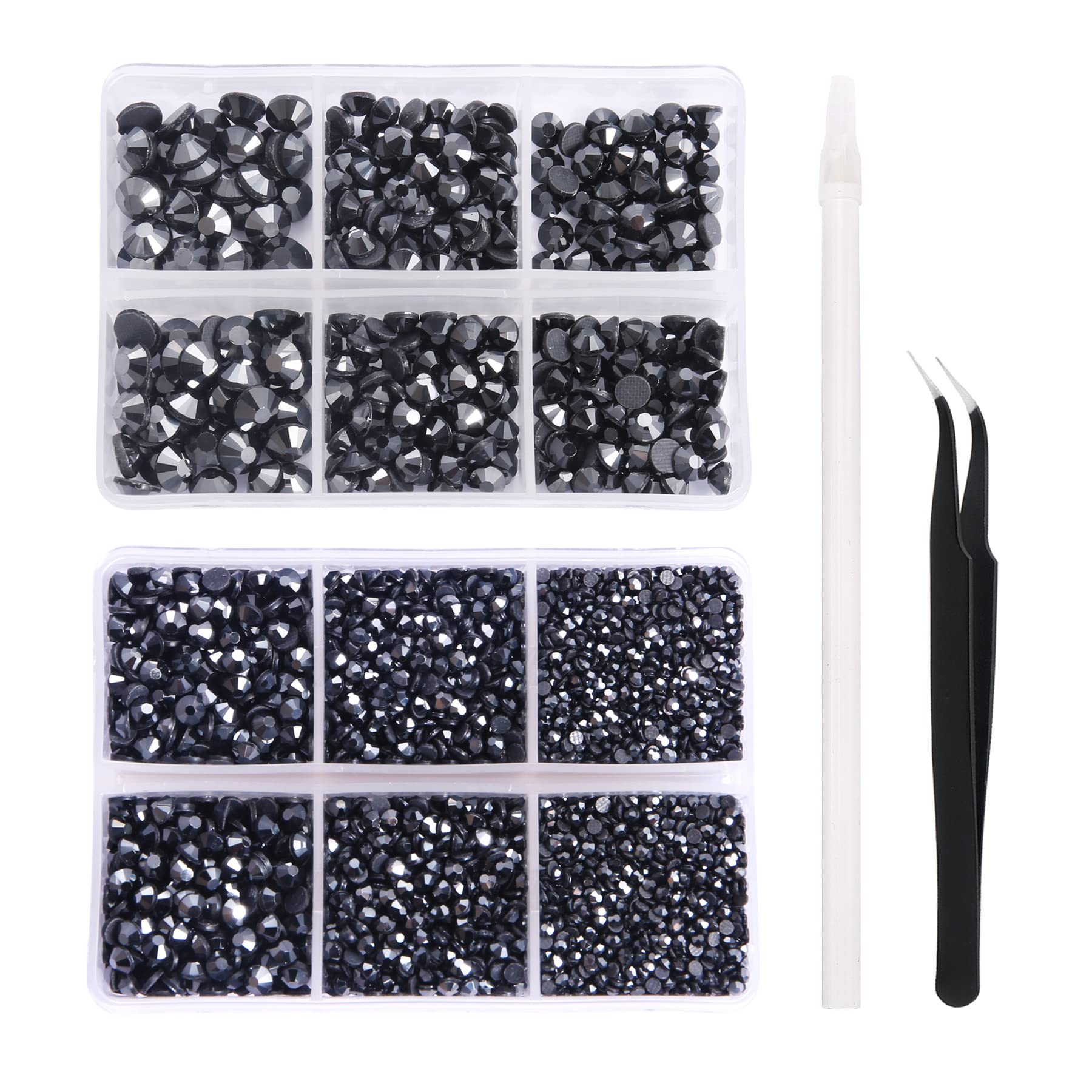 Nibiru 6616pcs Mixed Sizes FlatBack Crystal Rhinestones for Crafts - Round Glass Gems with Tweezers and Picking Pen (Hematite Black)