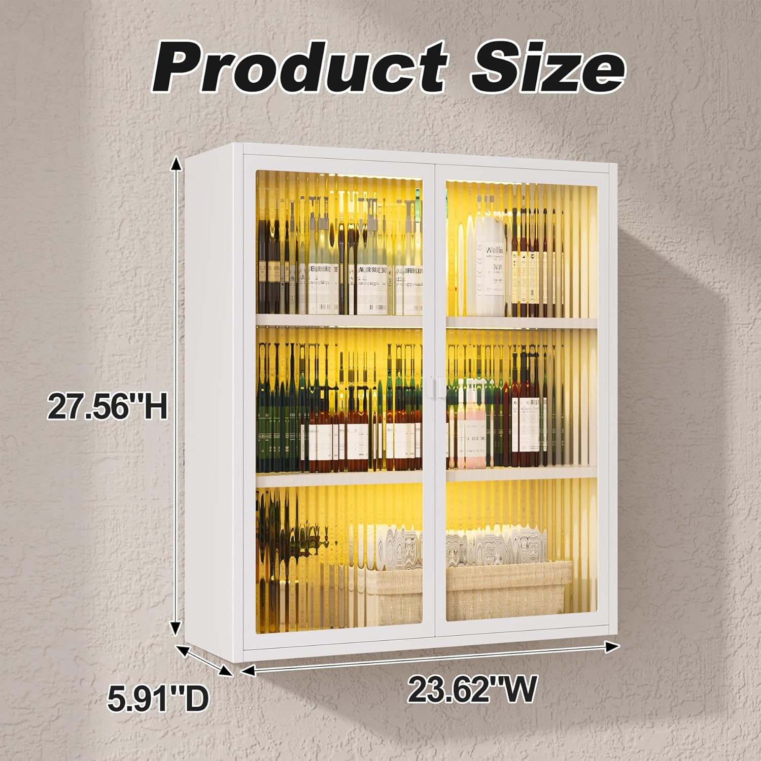 Medicine Cabinet with Fluted Glass Doors, Over Toilet Storage Cabinet with Sensor Light, Bathroom Wall Mounted Metal Organizer for Bathroom and Laundry Room (Full Glass Door)