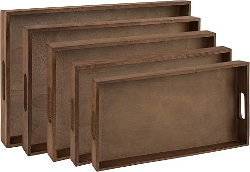Dark Wood Serving Tray With Handles - Five Piece Nested Breakfast Tray, Bathroom & Buffet Trays for Serving & Organizing