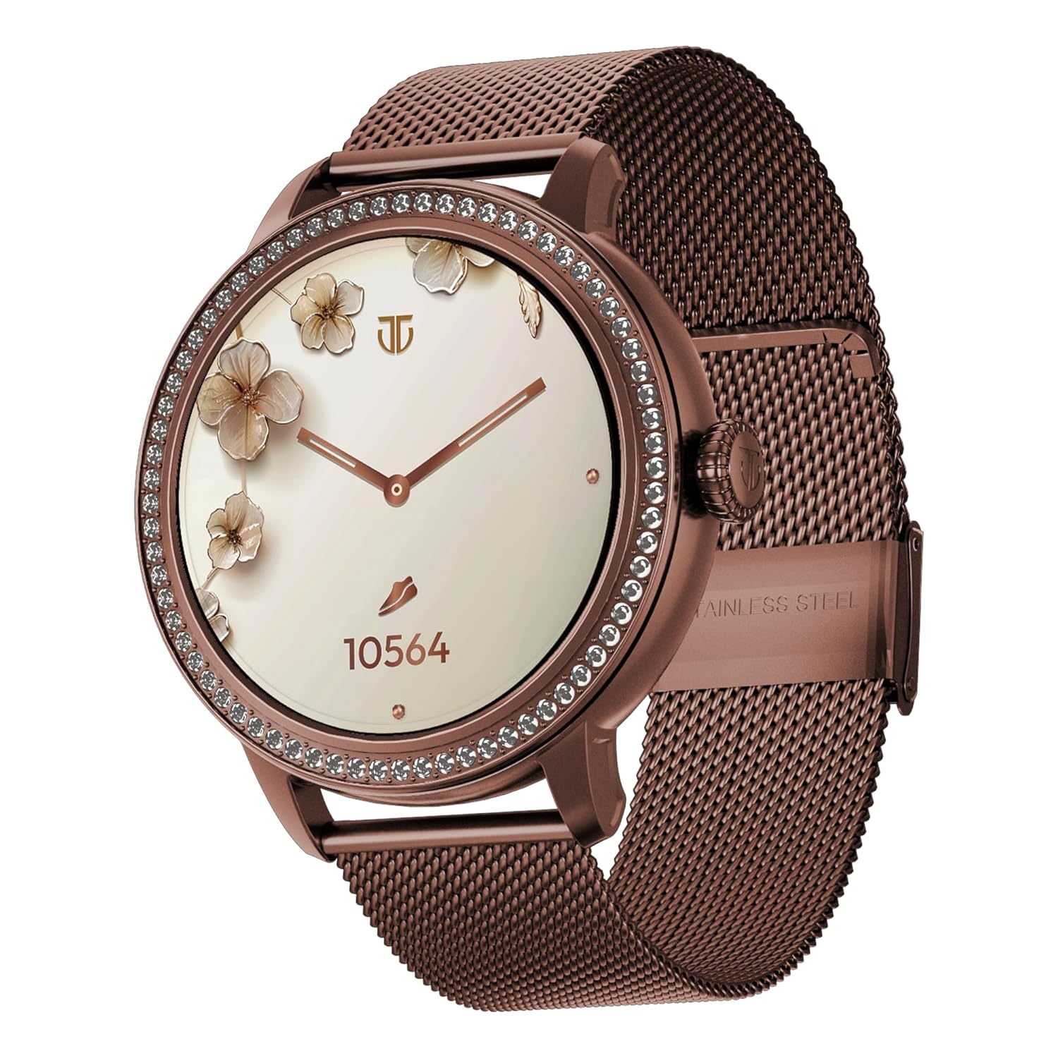 Titan Valerie 1.19″ AMOLED Studded Stainless Steel Smart Watch for Women, Next-Gen Chipset, Functional Crown, SOS & BT Calling, Women Wellness Suite, BP & Skin Temp Monitor, Fast Charging (Brown)