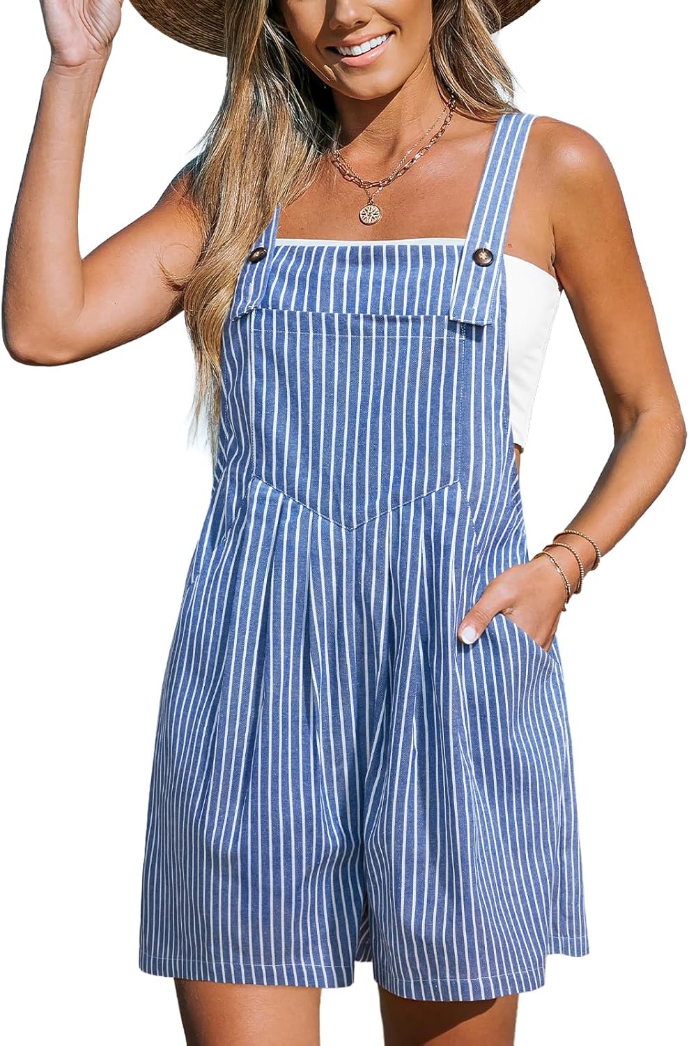 CUPSHE Women’s Stripe Overalls Adjustable Button Straps Smocked Waist Pocket Summer Romper