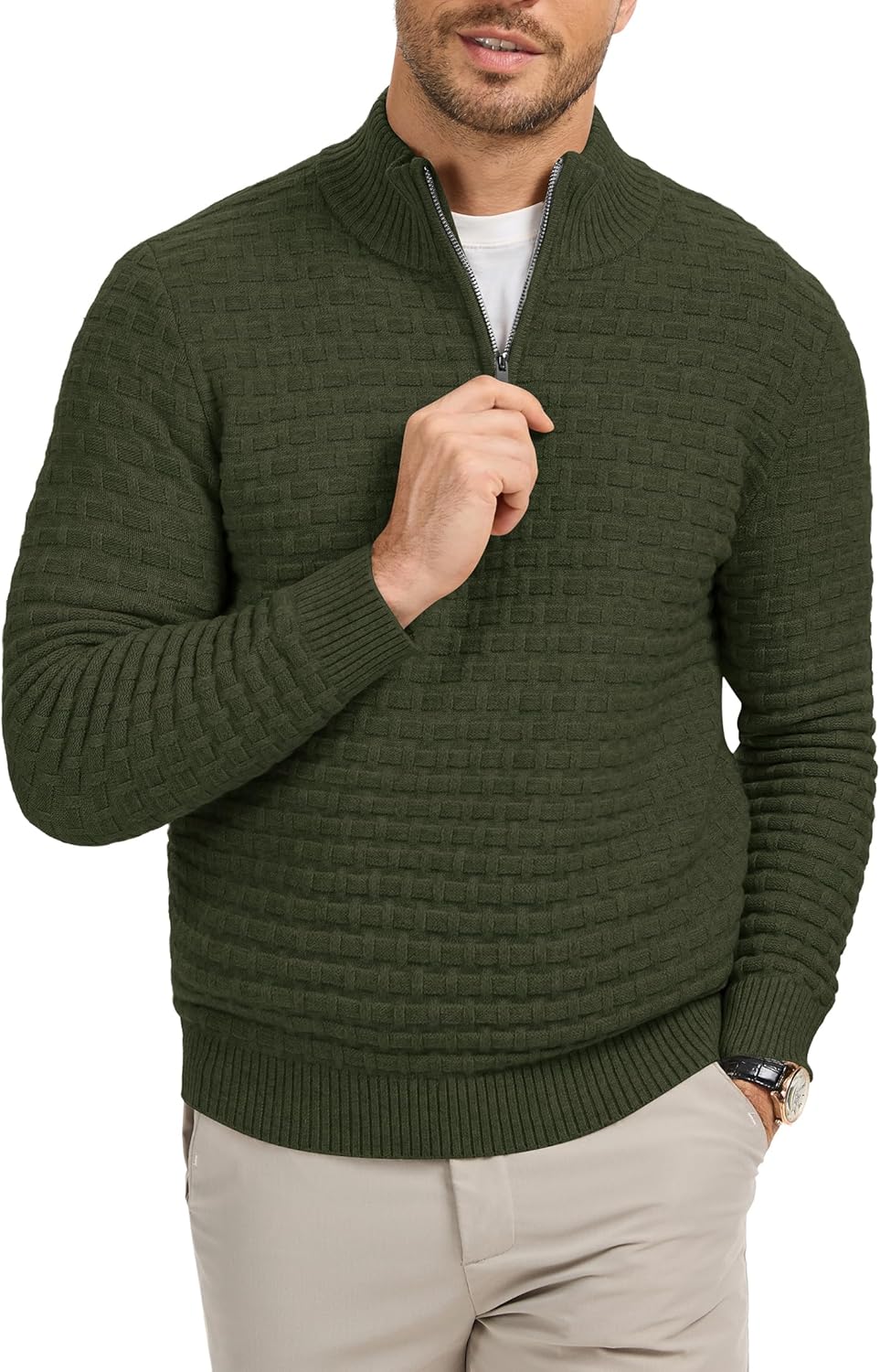 RQP Mens Quarter Zip Pullover Sweaters Relaxed Fit Knit Texture Sweater with Ribbing Edge