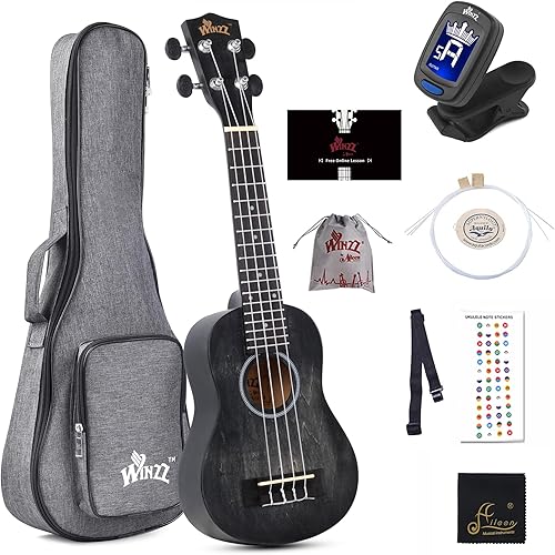 WINZZ HAND RUBBED Series - Ukelele soprano vintage de 21 pulgadas con lecciones en línea, bolsa, afinador, correa, cuerdas adicionales, calcomanía