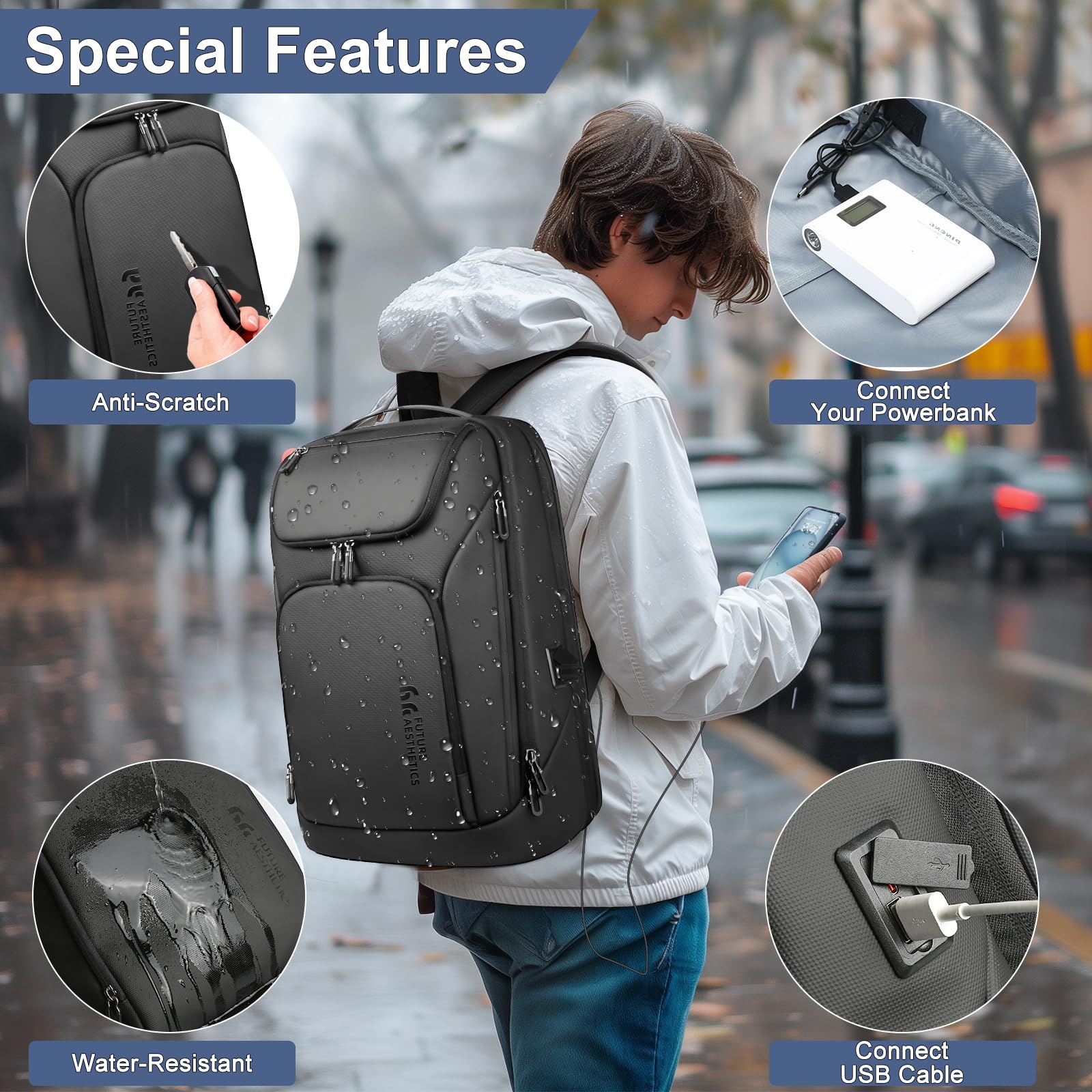 Mochila de Negocios Ordenador Portátil Laptop 17,3 Pulgadas | Grande para Hombre con Puerto USB Resistante al Agua Ultraligero Antirrobo Oficina Trabajo Viaje 30L (Negro)