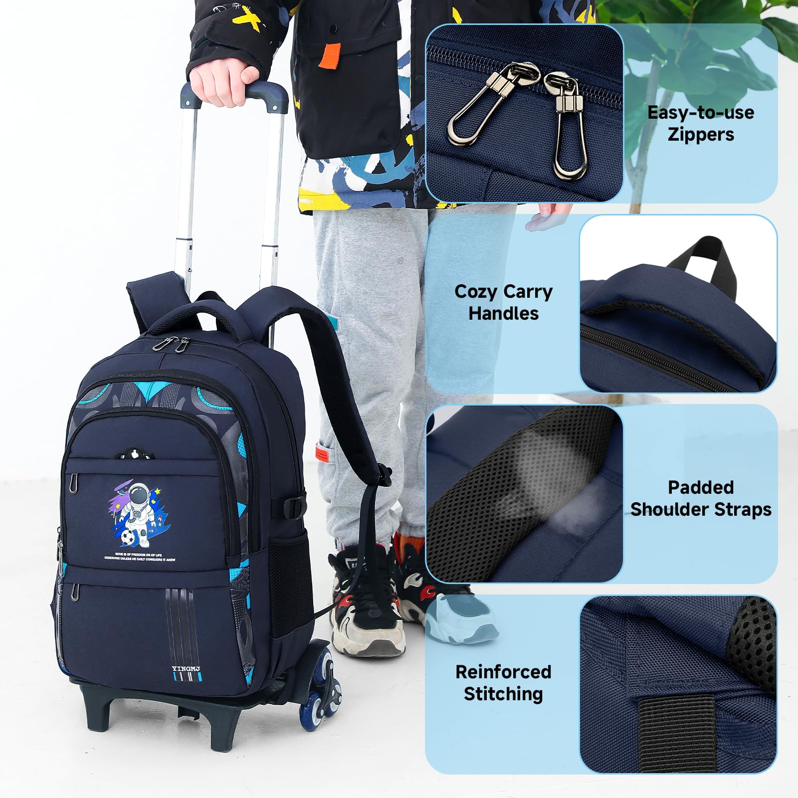 Amythe Sac a Dos à Roulette Garcon, 28 L Cartable Garcon a roulettes, Sac D'école Collège et Primaire pour Enfants 9 à 16 Ans, 6 Roues pour L'école, Voyages et Loisirs, Bleu