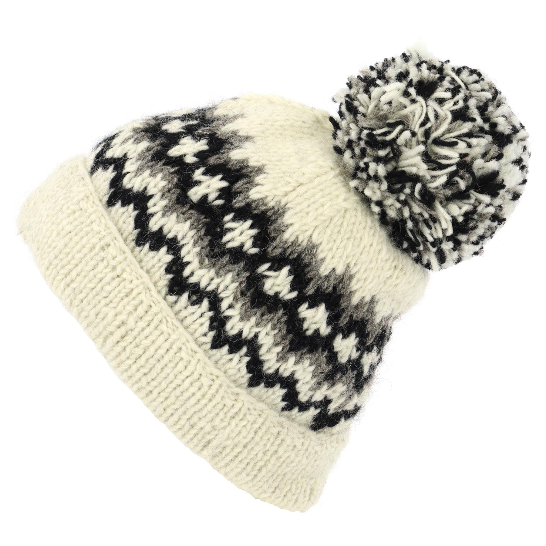 LOUDelephant Hand Knitted Wool Beanie Bobble Hat - Fairisle Black