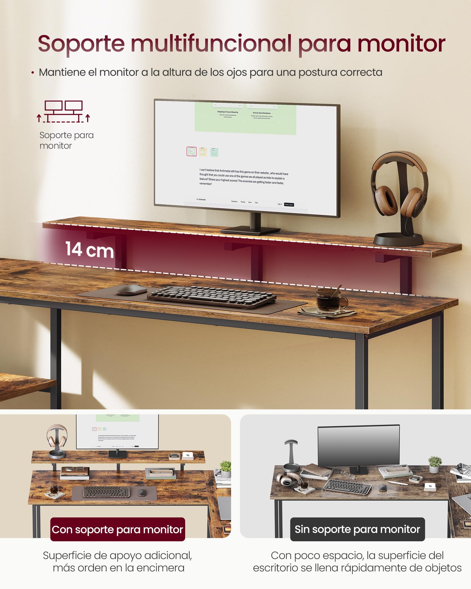 VASAGLE Escritorio en Forma de L, Esquinero, con 2 Amplios Cajones, Mesa con Soporte para Monitor, para Esquina, con Estante Ajustable, para Oficina Casa, 155 x 105 cm, Marrón Rústico LWD129K101