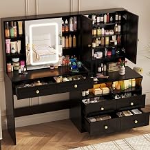 Halitaa Large Black Vanity Desk with Sliding Mirror & Lights, Big 58.6" Makeup Vanity Table & Nightstand Combo with Power Outlet and 6 Drawers 15 Shelves with Light Strips for Bedroom
