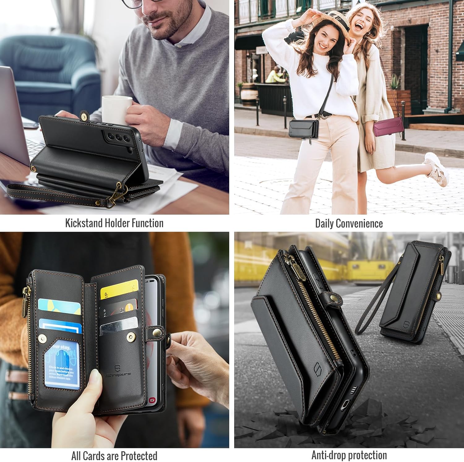 Strapurs Crossbody Wallet Case Compatible with Samsung Galaxy S21 5G RFID Blocking Card Holder Soft PU Leather Magnetic Snap Shoulder Strap Zipper Pocket Phone Case Fit for Galaxy S21 6.2" - Black