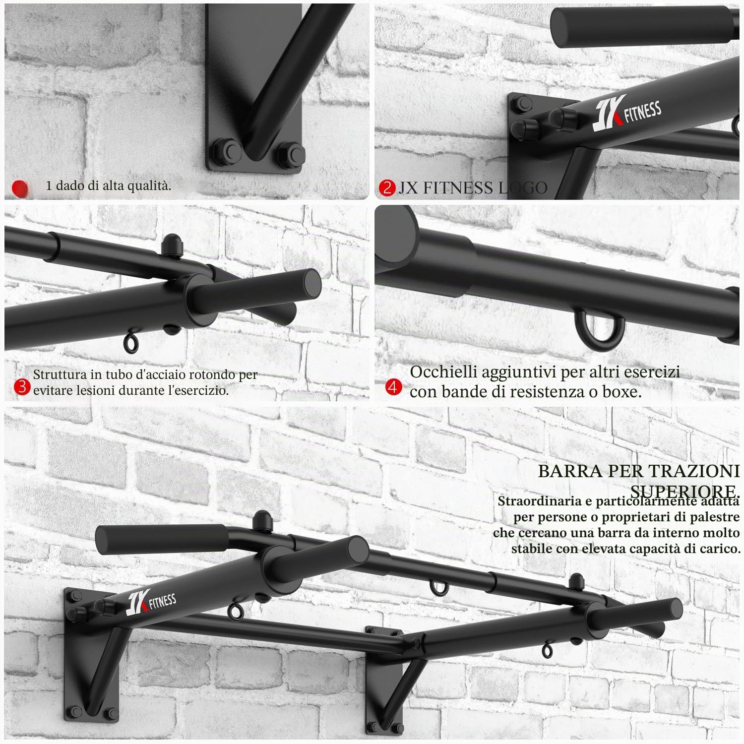 JX FITNESS Barra Trazioni a Muro Multifunzione Sbarra Per Trazioni Pull Up Bar, 3 Occhielli Per TRX e Sacca da Box, Addominali Workout