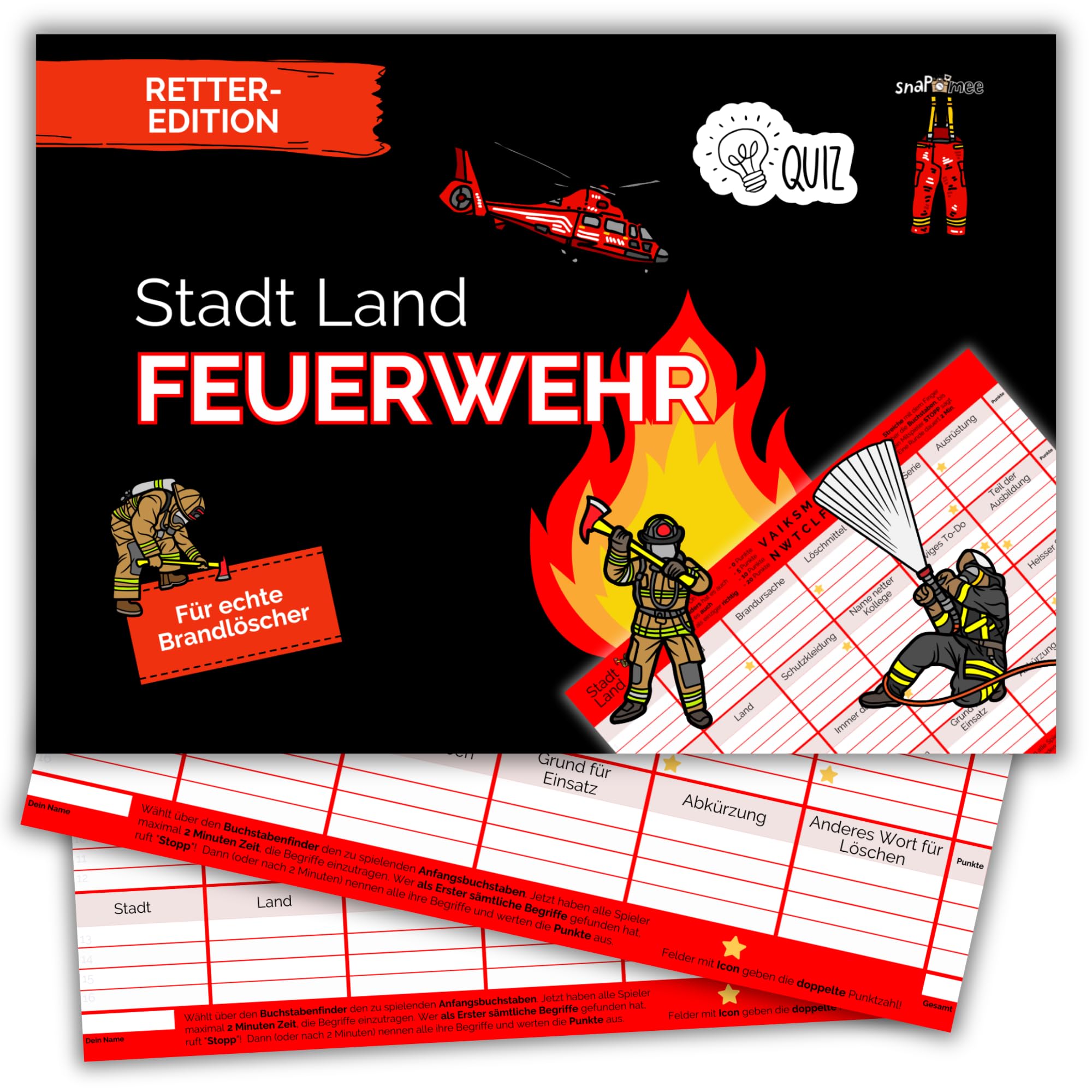 Stadt Land Feuerwehr by snaPmee - Geschenk für Feuerwehrmann & Feuerwehrfrau - Quiz Spiel mit 50 Blatt Din-A4