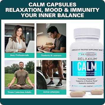 Relaxium Calm - Stress, Mood + Immune Support Supplement, Non-Habit Forming with Ashwagandha, 5-HTP & GABA, Mushroom Blend. Made in USA, 60 Capsules
