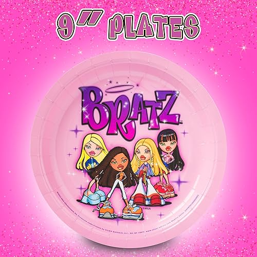Miniatura 3 de Silver Buffalo Bratz Dolls con Yasmin, Sasha, Jade y Cloe Juego de 32 piezas de vajilla desechable para fiestas: platos de papel y servilletas