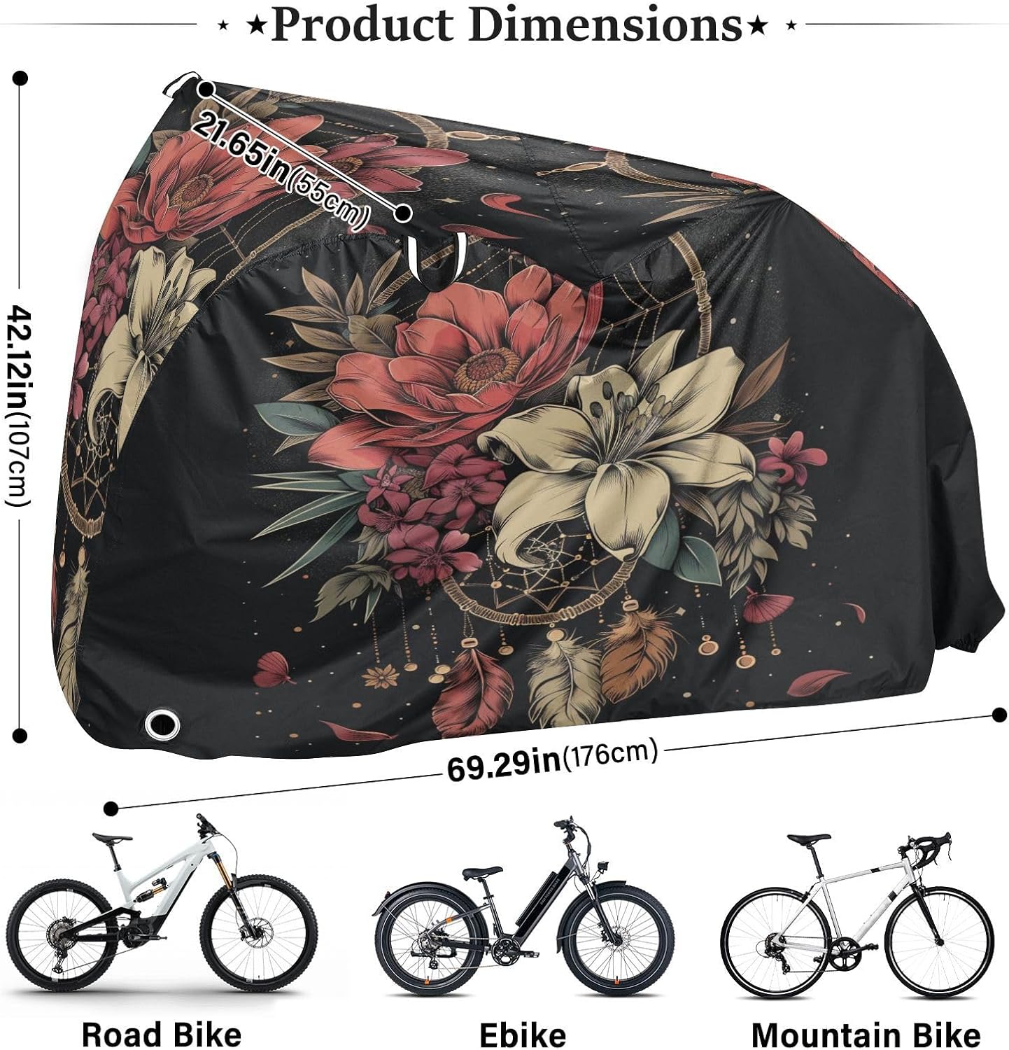 ALAZA Dreamcatcher Lily Flower Bike Cover Waterproof Outdoor Ebike Bicycle Covers Tarp Protection for 1/2 Bikes, Sun UV Dust Wind Proof