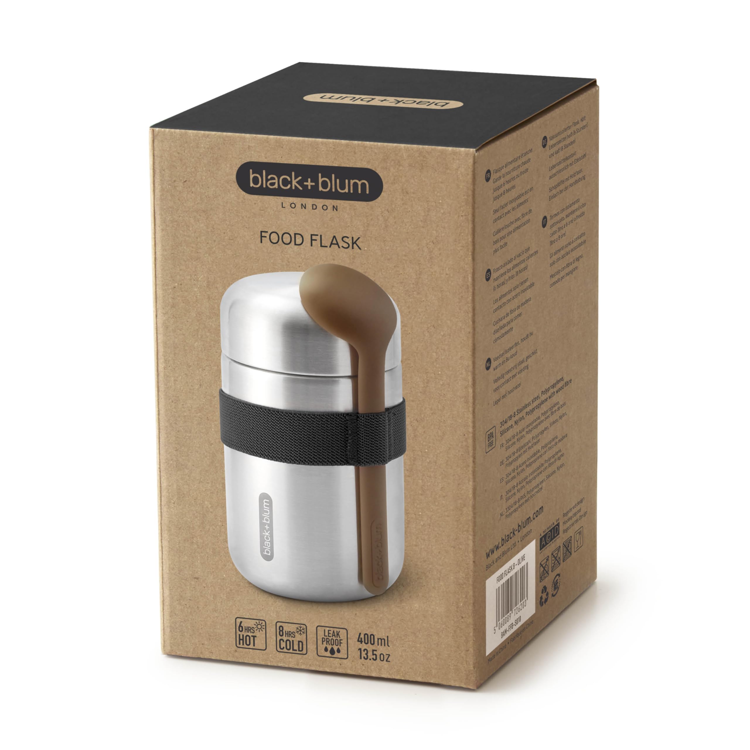 BLACK + BLUM - Termo para alimentos de acero inoxidable 304 aislado al vacío con tapa a prueba de fugas, correa de nailon y cuchara de fibra de madera natural, mantiene el calor durante 6 horas, frío
