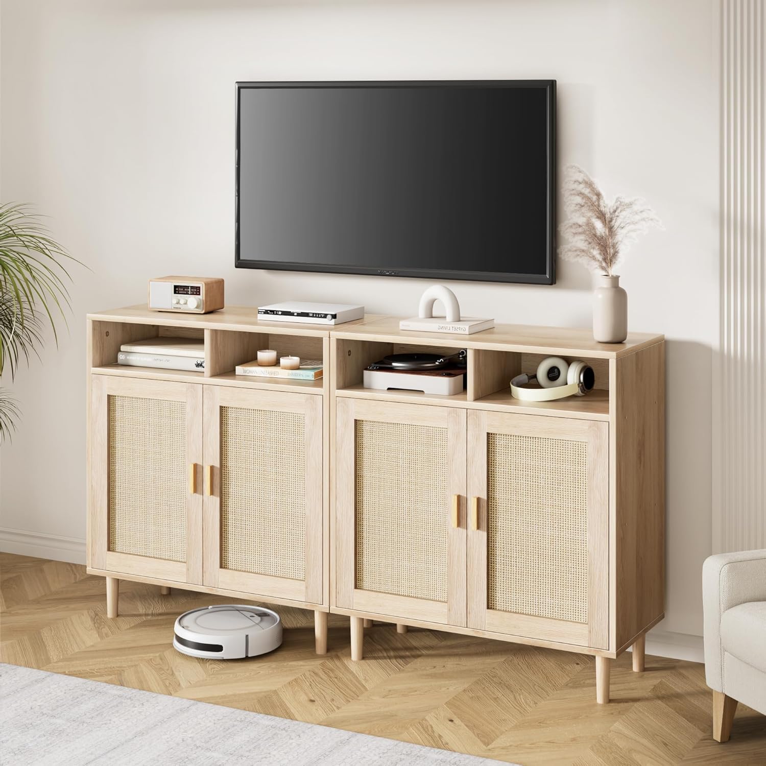 IDEALHOUSE Set of 2 Sideboard Buffet Storage Cabinet, Rattan Kitchen Cabinet with 2 Doors/Shelf, Accent Modern Dining Living Room Entry Hallway Coffee Bar Furniture for Home Decor,36''H