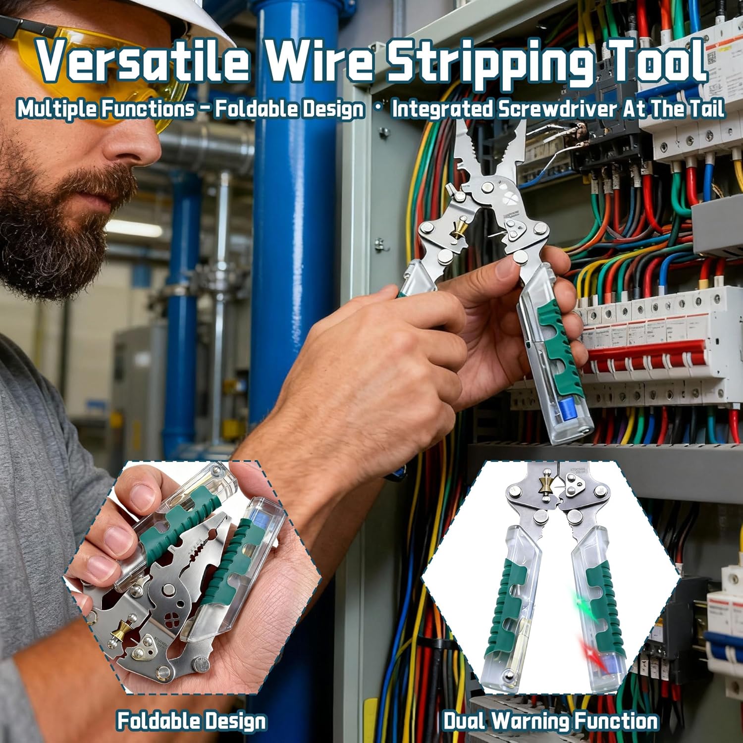 18-in-1 Foldable Wire Stripper, Multi-Function Wire Cutting, Stripping, Crimping and Pulling Tool with Voltage Detection for Electrical Repairs, Home Wiring and DIY Projects