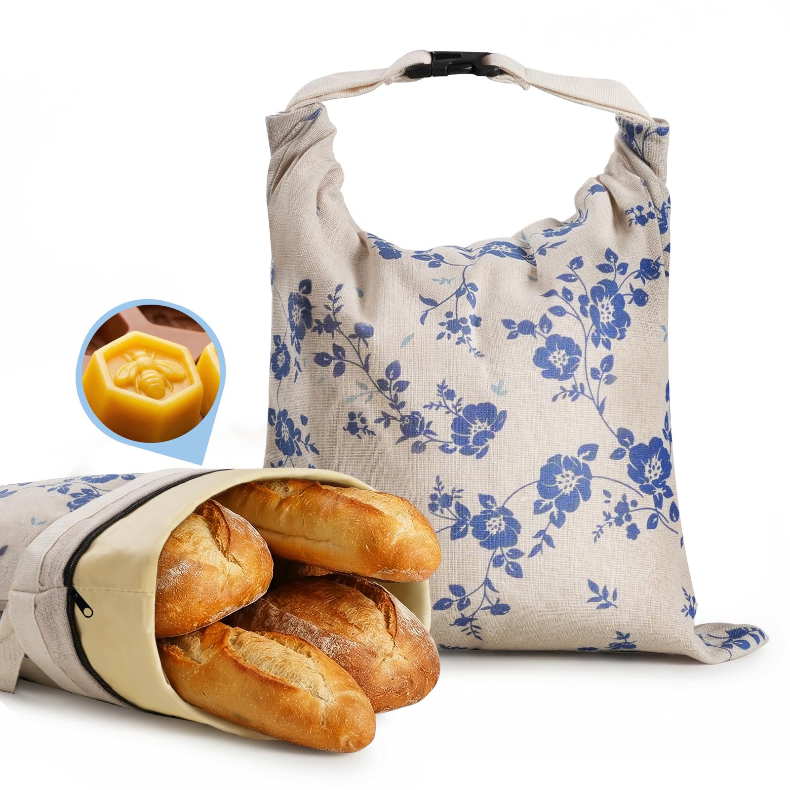 YARRAMATE Beeswax Bread Bags for Homemade Sourdough, Blue Floral Zipper Reusable Linen Food Storage Bags to Keep Loaf Fresh, Large Freezer Safe and Eco Friendly Bread Containers (17x13", 2 Pack)