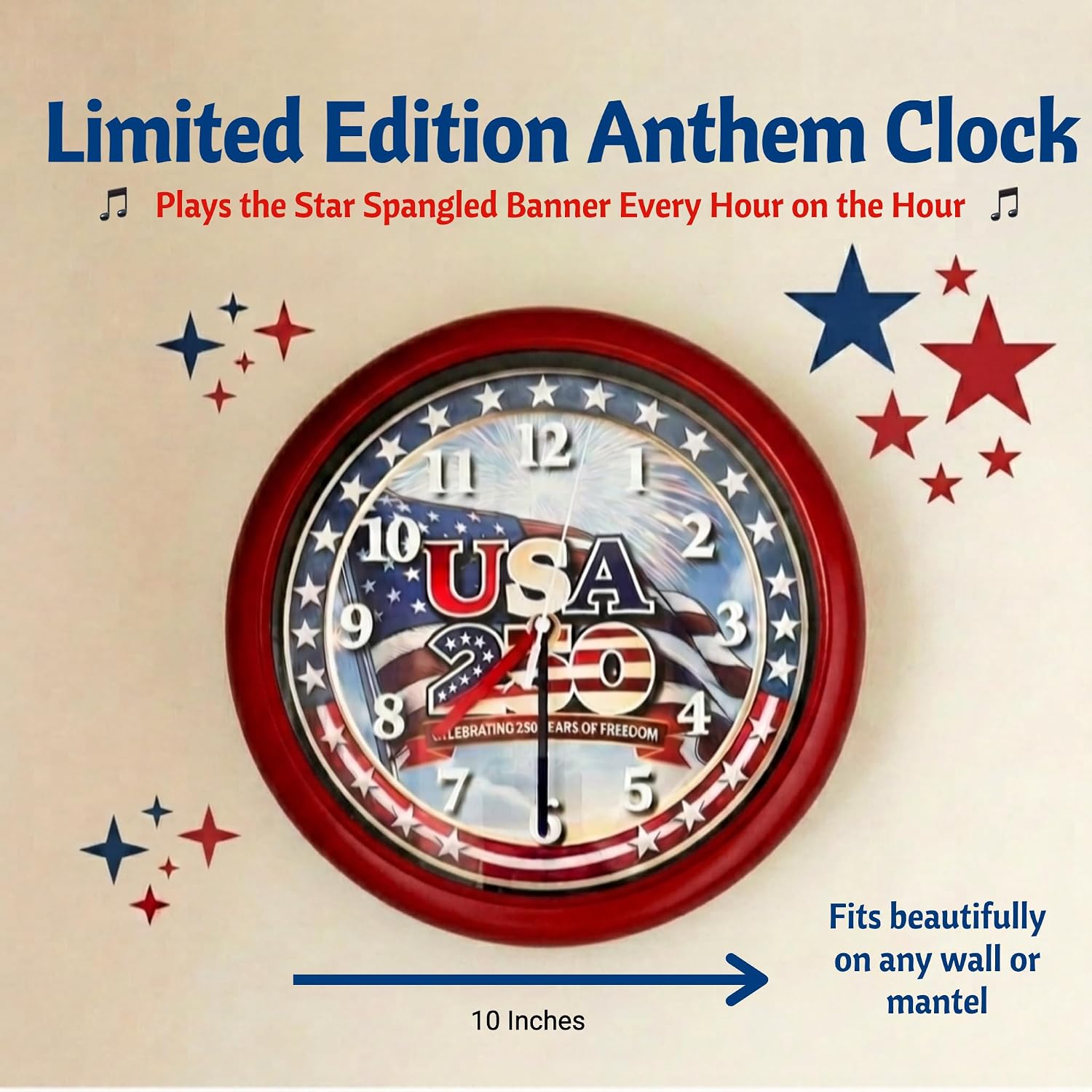 Spark Innovators America 250 Musical Anthem Wall Clock – 10-Inch Patriotic Design, Silent Hours Programmable, Plays Star-Spangled Banner on the Hour, Battery Operated (Batteries Not Included)- Red