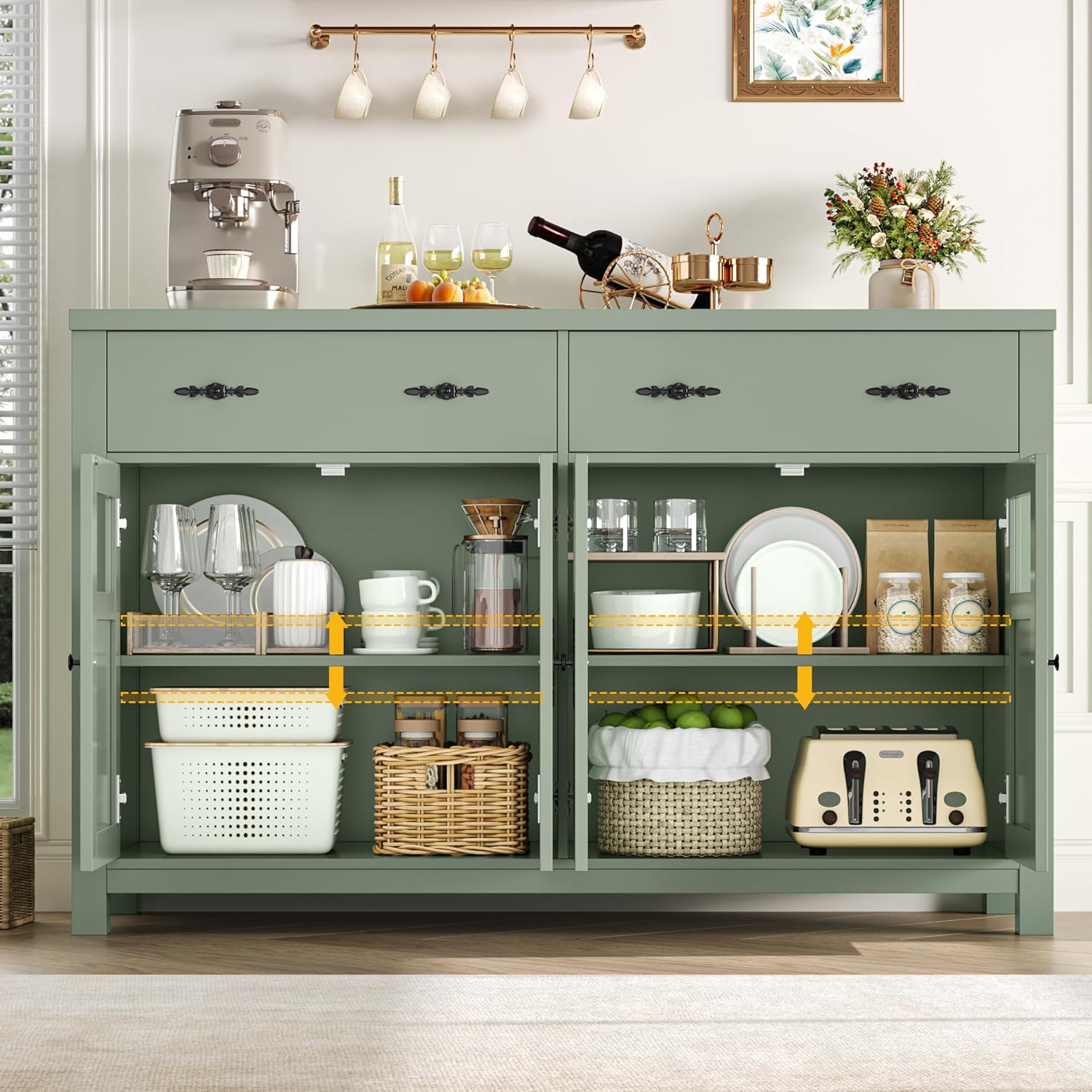 FINETONES Sideboard Buffet Cabinet with Storage, 55" Long Buffet Cabinet with 4 Doors & 2 Large Drawers, Modern Sideboard Coffee Bar Console Table for Kitchen, Green