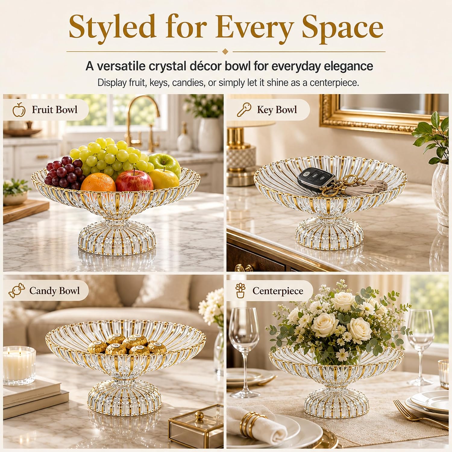 Gold Large Decorative Bowl 12'' Hand-painted Ruffle Decorative Bowl Glass Fruit Bowls Crystal Key Bowls Modern for Counter Home Decoration Table Centerpiece Kitchen Dining Room (Pedestal)