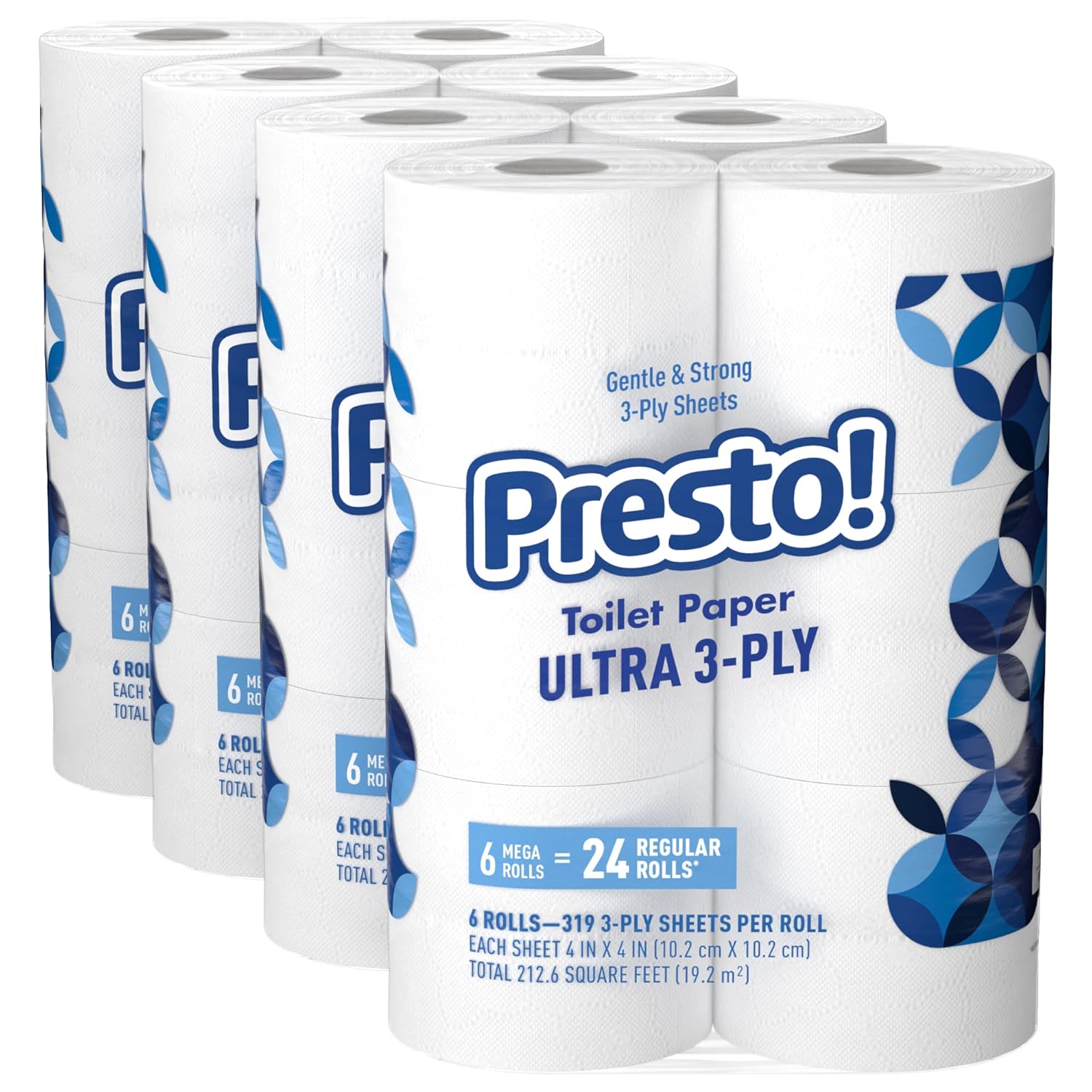 Amazon Brand - Presto! FSC Certified 319 Sheet Roll Toilet Paper, Ultra 3-Ply, Unscented, 6 Rolls (Pack of 4), 24 Mega Rolls = 96 Regular Rolls, 7656 Count