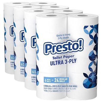 Amazon Brand - Presto! FSC Certified 319 Sheet Roll Toilet Paper, Ultra 3-Ply, Unscented, 6 Rolls Pack of 4, 24 Mega Rolls = 96 Regular Rolls, 7656 Count
