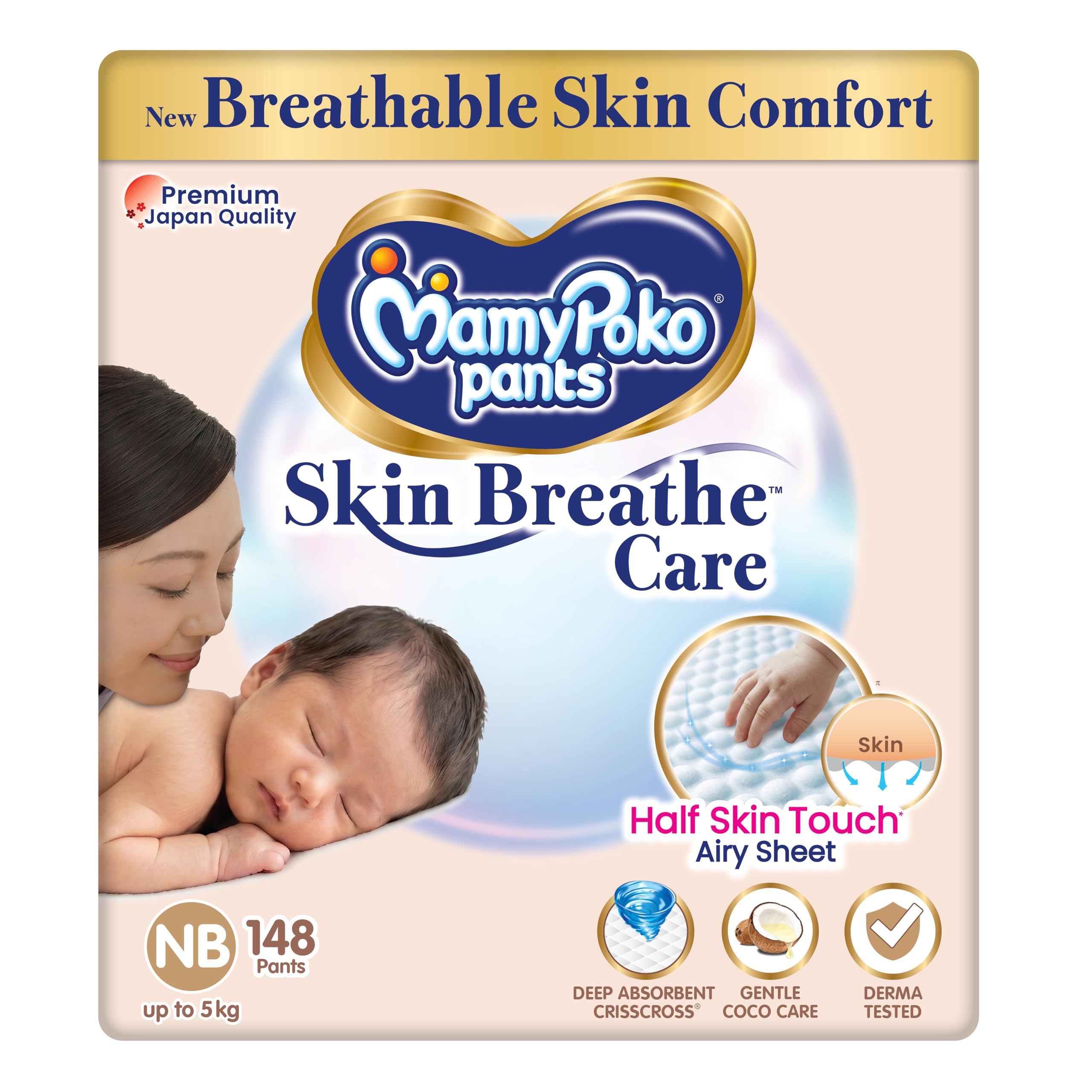 MamyPoko Pants Skin Breathe Care | Baby Diapers New Born Size (NB) | 148 Count | up to 5Kgs | Half Skin Touch Airy Sheet | 3X Breathable | Derma Tested