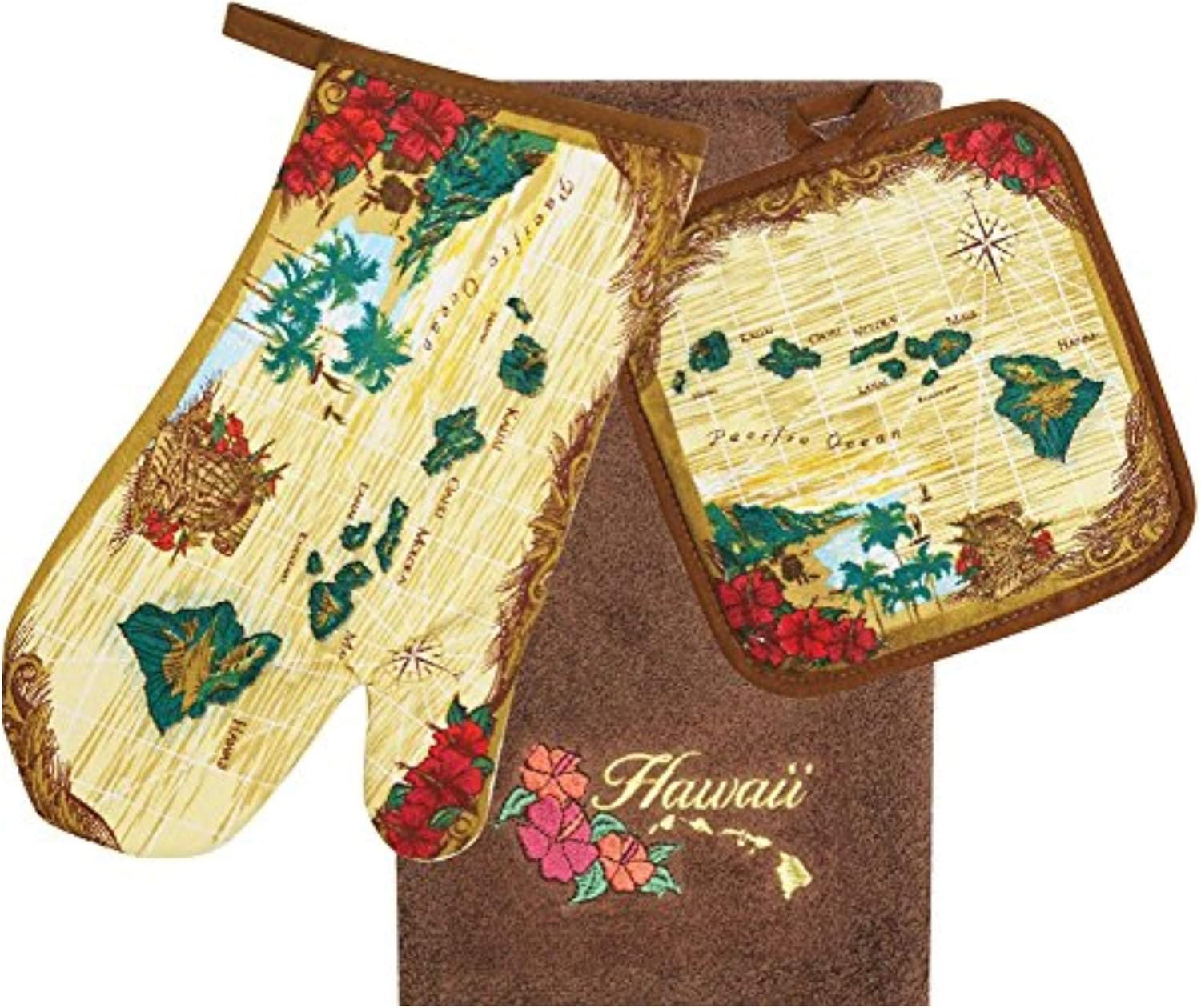 Hawaii 3 Piece Kitchen Set Towel & Potholder & Oven Mitt Island Chain
