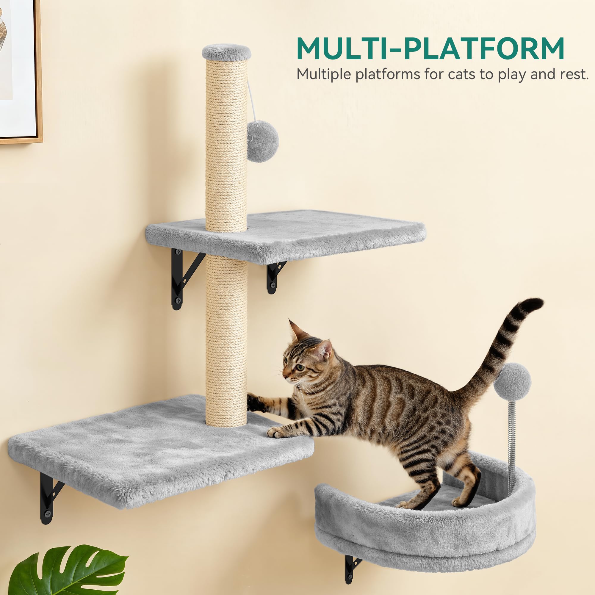 YITAHOME 8-teiliges Katzewand-Set, Robustes Plüsch-Kratzmöbel mit Kratzsäule, Katzenhaus, Katzenbrücke, Katzenleiter und Hängeball in Hellgrau