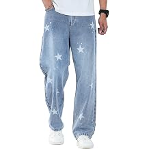 Men's Baggy Jeans Y2K Star Print Loose Fit Washed Denim Pants 90s Casual Streetwear Skater Hip Hop Wide Leg Jeans