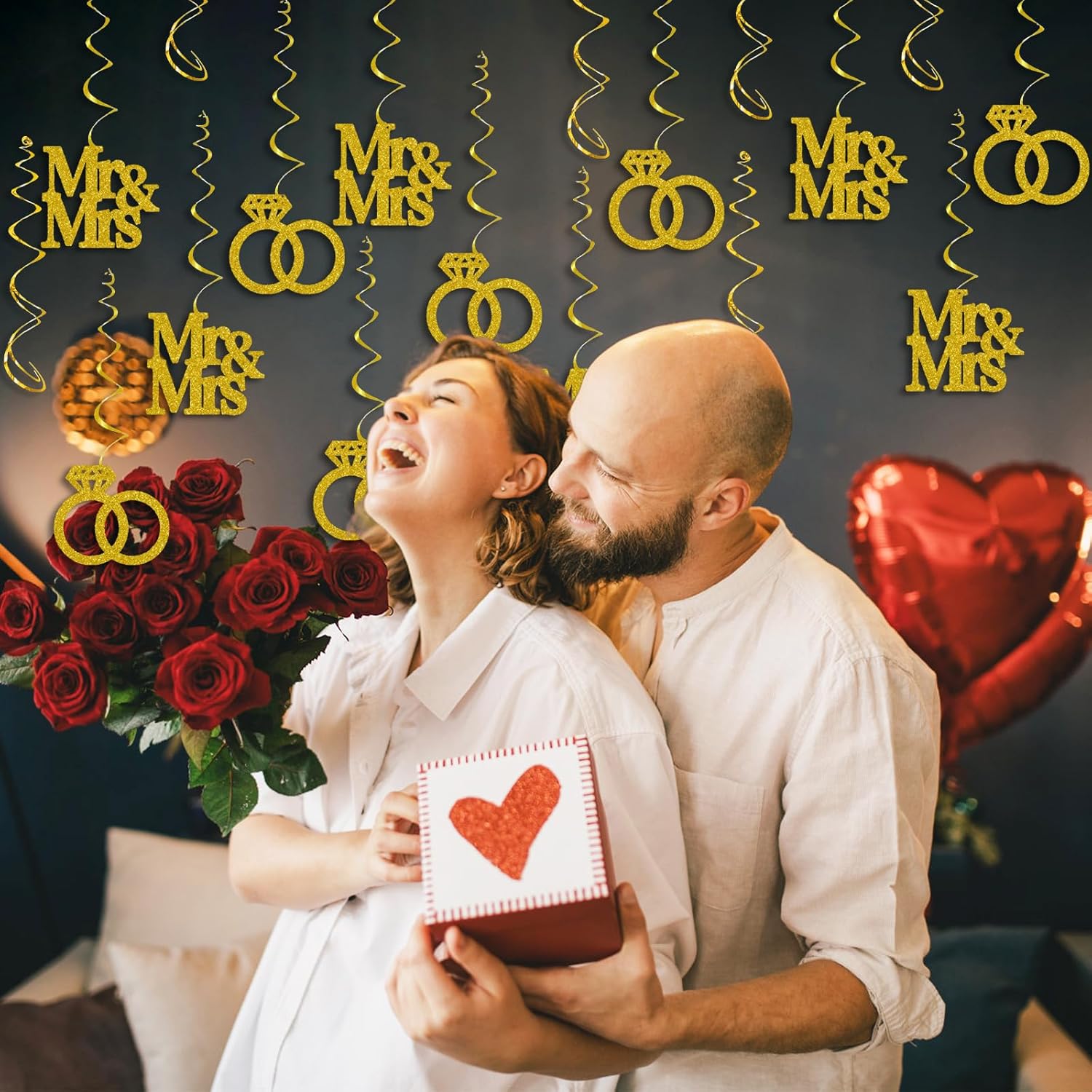Engagement Wedding Party Decorations, Gold Glitter Mr & Mrs Hanging Swirls for Wedding Bridal Shower Engagement Bachelorette Party Decorations Supplies