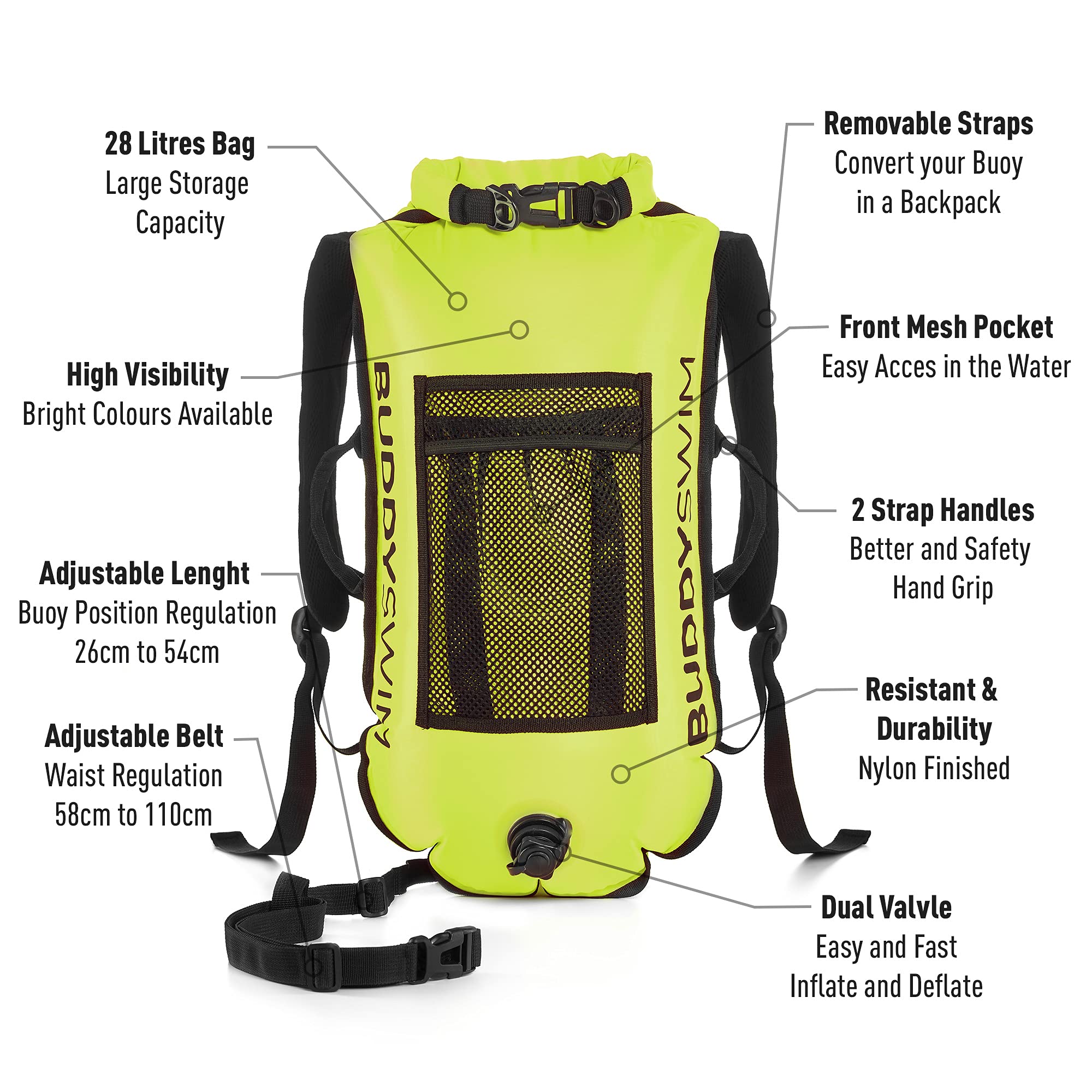 Mochila Boya Natacion Aguas Abiertas 28 L con Bolsa Estanca Interior 100% Impermeable y Espaldera Desmontable. Boya de Natacion de Seguridad Resistente, Ligera y Fácil de Plegar.