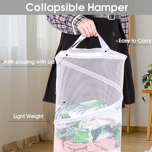Miniatura 5 de BATTOO Paquete de 2 cestas plegables grandes para la ropa sucia con tapa, cesta plegable de malla desplegable con asas para lavandería, baño,