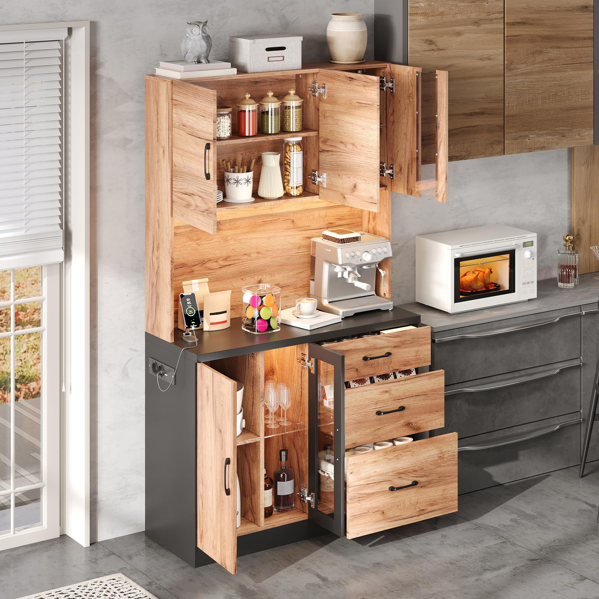 105 x 40 x 180 cm, moderno mobile da cucina, nero e effetto legno con illuminazione a LED, ripiani regolabili e presa in stile euro, adatto per cucine, sala da pranzo, soggiorno, ecc.