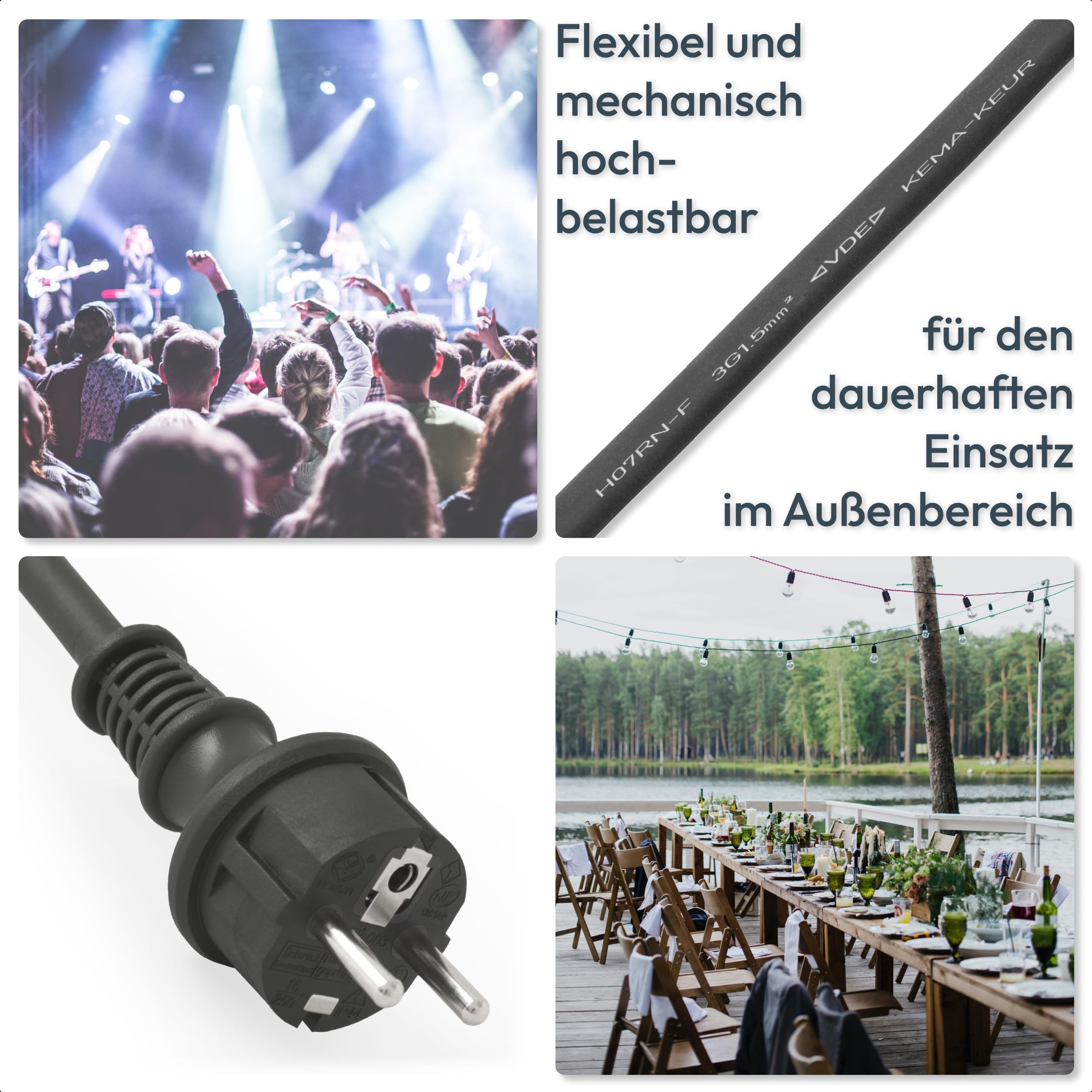 15m Gummi-Verlängerungskabel H07RN-F 3G1,5mm² für Garten, Baustelle, Werkstatt, Industrie, dauerhaften Einsatz im Außenbereich und Starke mechanische Beanspruchung, IP44, schwarz