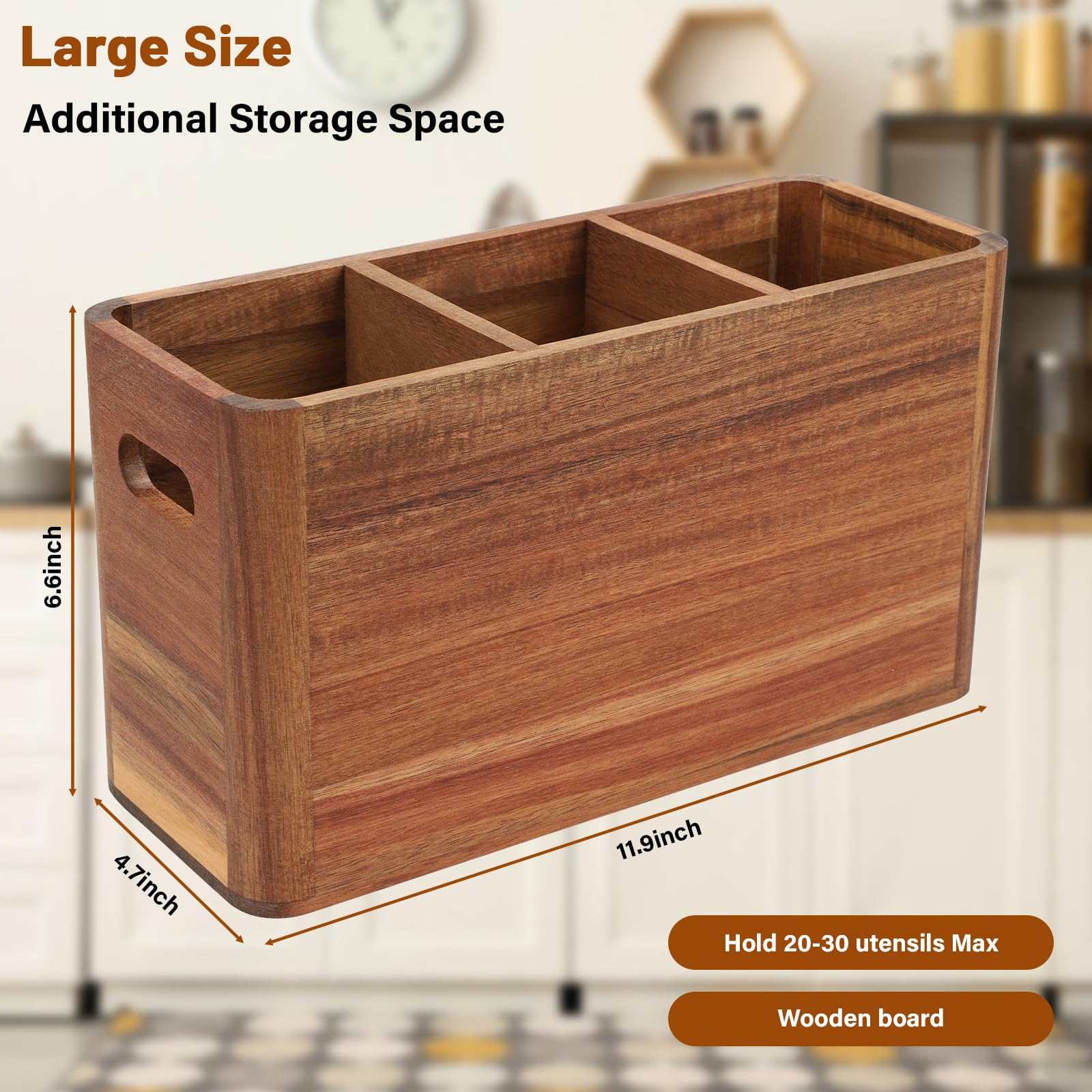 Bote para Utensilios de Cocina Madera, Portarcubiertos de Madera con 3 Compartimentos Recipiente para Utensilios de Cocina para Cucharas, Horquillas, Cuchillos y Almacenamiento de Utensilios