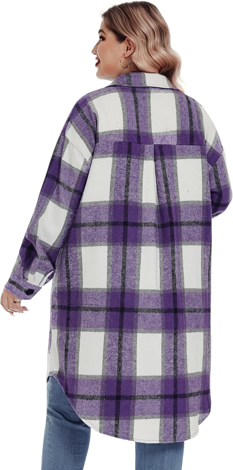 IN'VOLAND Womens Plus Size Flannel Plaid Shirts Long Sleeve Lounge Lapel Boyfriend Button Down Tartan Long Jacket Coats - Image 5