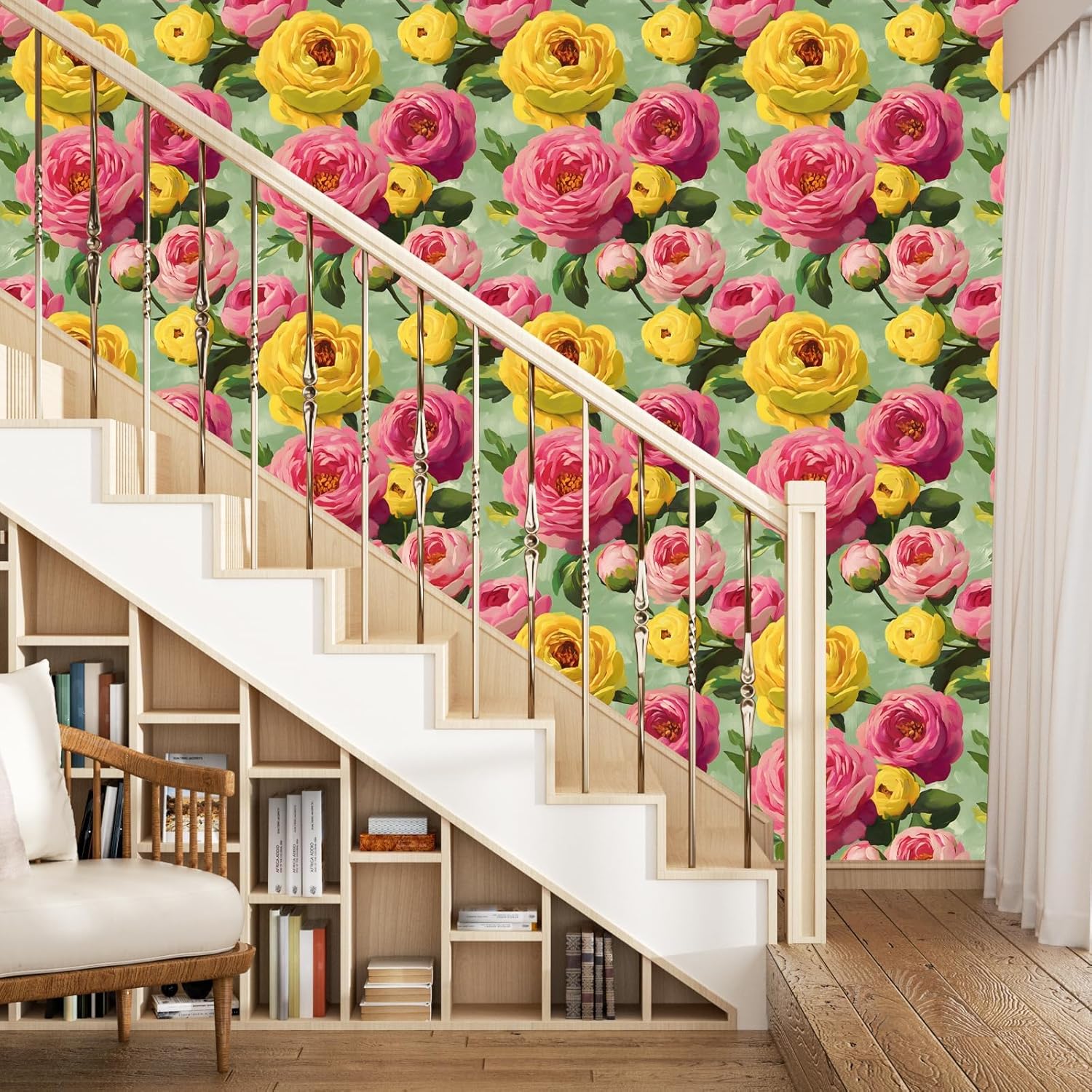 BOKEBEVE Extra Long Pink Floral Wallpaper Stick Peel Large Print Flowers Contact Paper Vibrant Colorful Wall Paper for Accent Walls Cabinet Modern Boho Removable Renter Friendly 17.5 x 393.5In