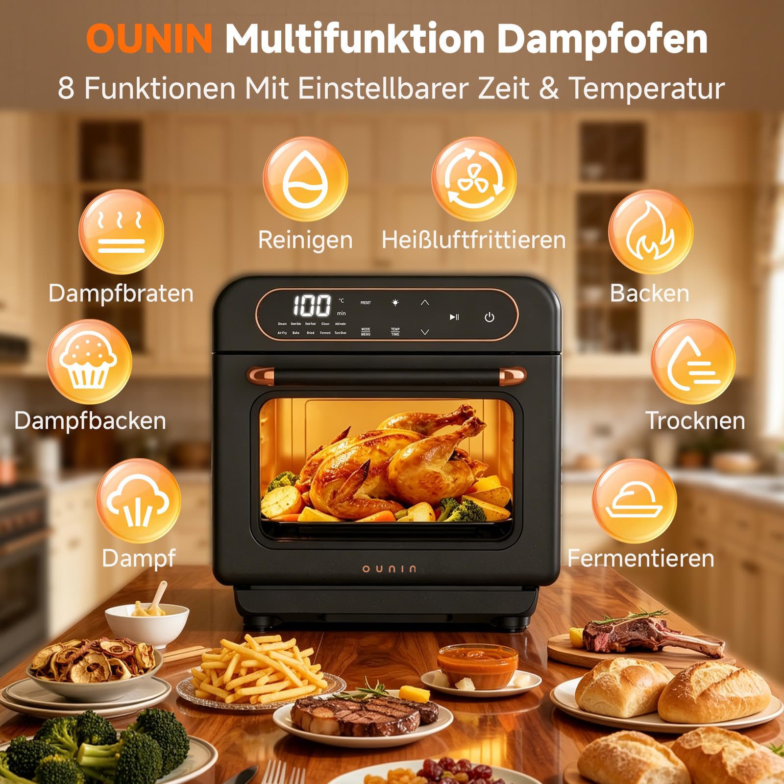 OUNIN 12L Multifunktionsbackofen, 8-in-1 Dampfbackofen und Heißluftfritteuse, Zweigaren, 360° Umluft, 1100W, Geeignet für Schweinehaxe, Bratwurst, Brathähnchen, Brotbacken, Fleisch und Gemüsedämpfen