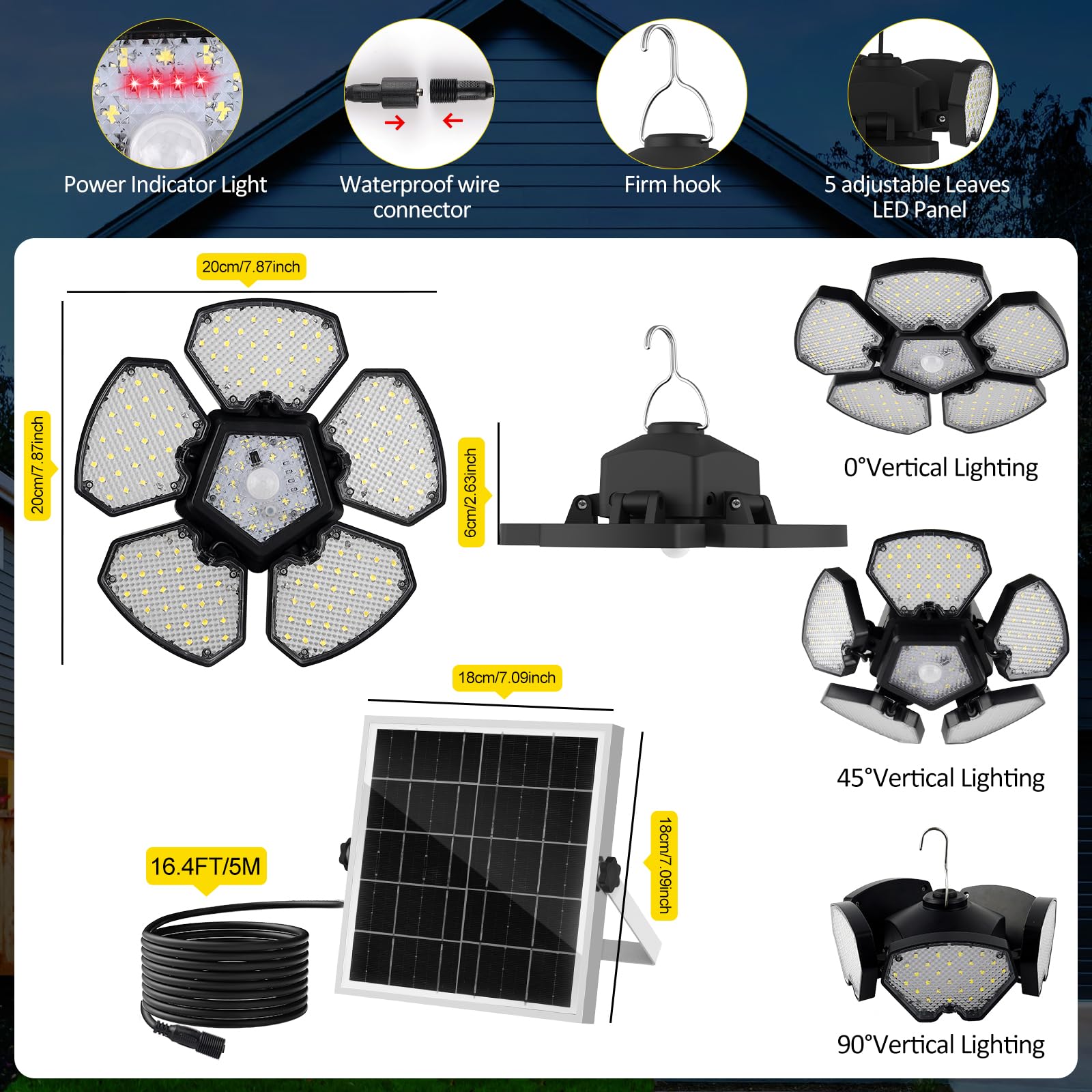 T-SUNUS Lámparas Solares Colgantes Exterior, Luz Solar Exterior Interior Sensor Movimiento, 5 Modos Iluminación Temporizador Memoria 4 Brillo IP65 Impermeable, para Terraza Casa Garaje Balcón Jardín