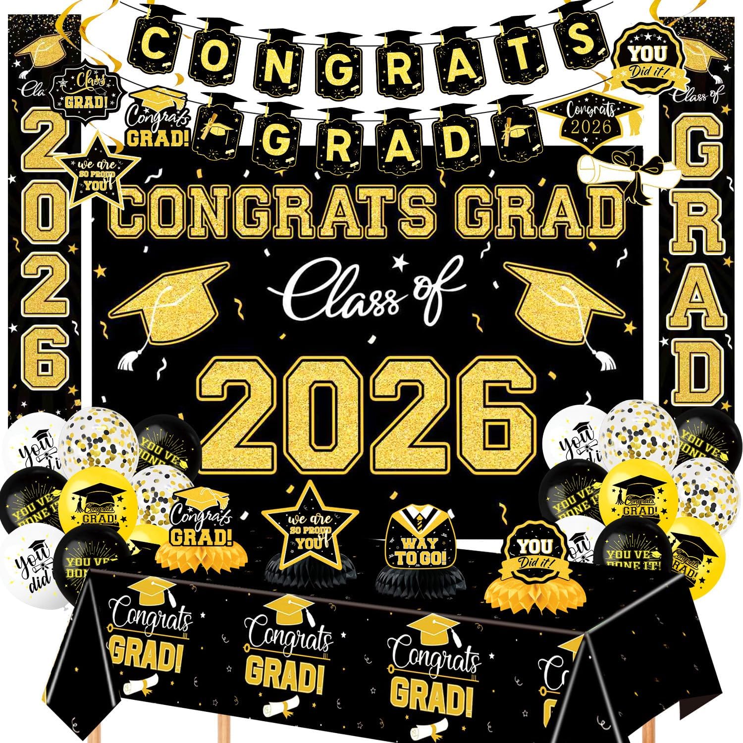 2026 Graduation Decorations Pre-Assembled Kit, Congrats Banner, Class of 2026 Backdrop, Foil Balloons, Tablecloth, Centerpieces - Party Supplies for High School & College (Black&Gold)
