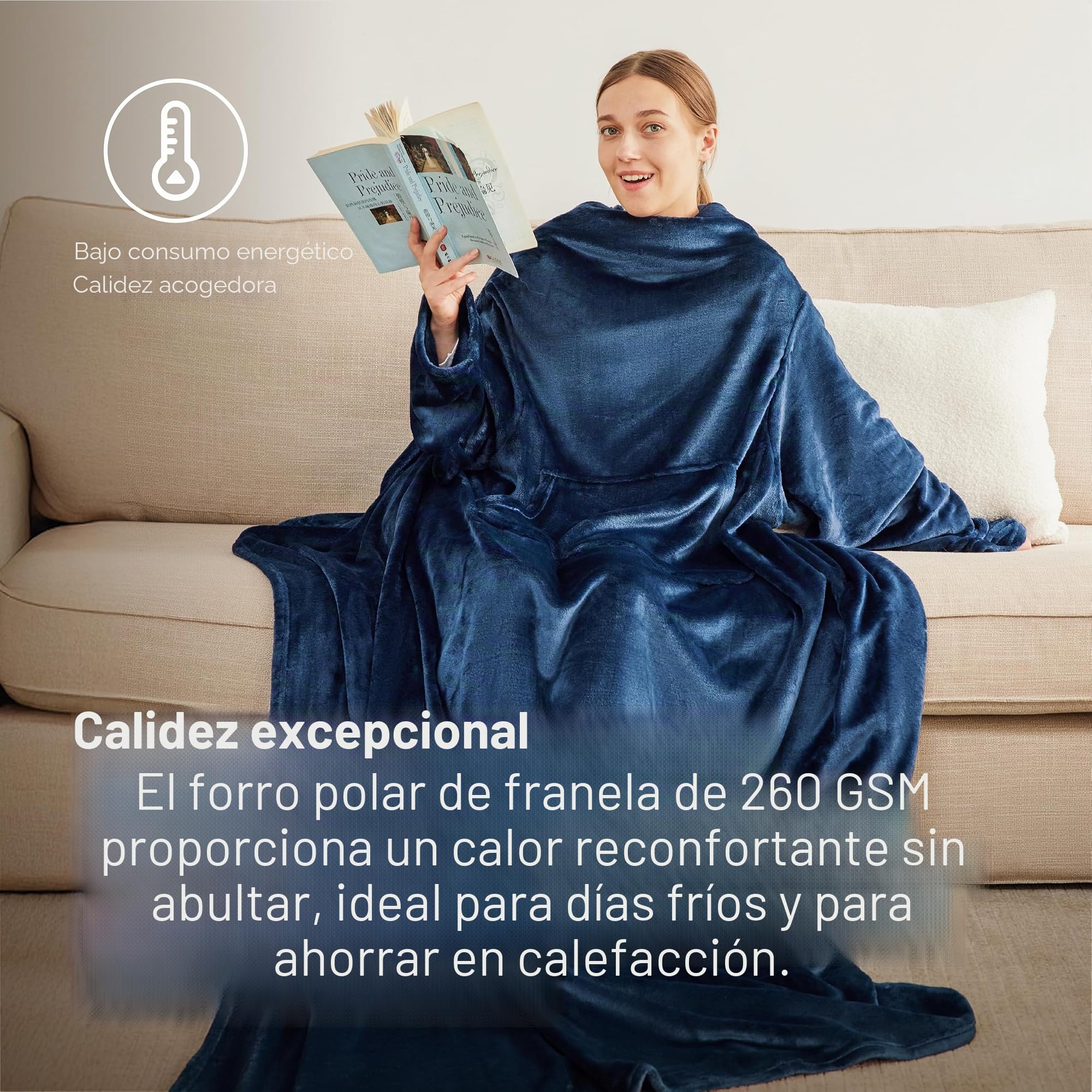 Bedsure Batamanta Mujer Flanelle Invierno - Bata Manta Hombre para Sofa, Manta con Mangas con Bolsillo Frontal, Tejido Felpa Suave y Acogedor, 150x200cm, Azul Marino