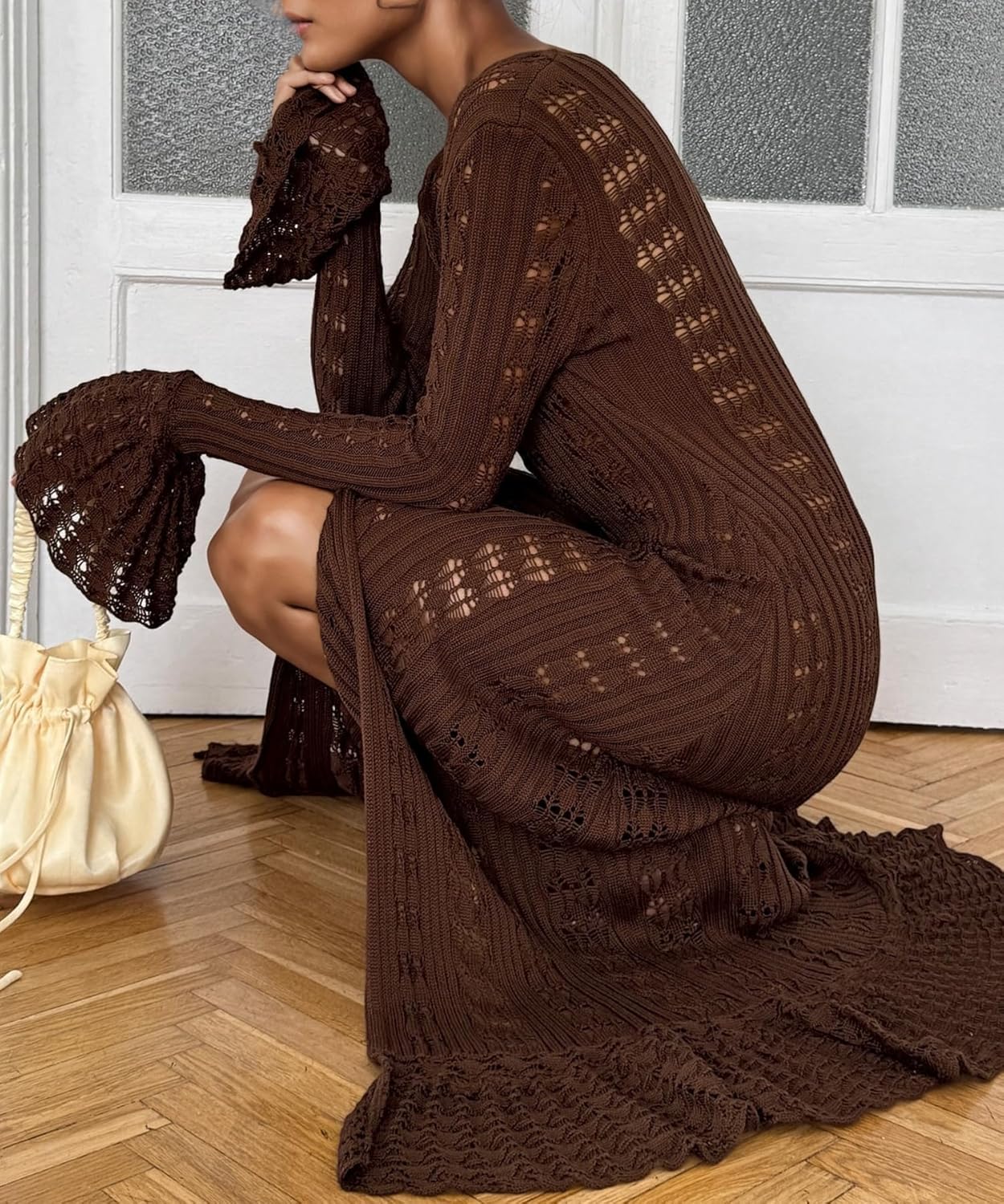 LETSVDO Womens Long Crochet Cardigan Bell Sleeve Ruffle Knit Hollow Out Lightweight Duster Sweater Beach Cover up Dress - Image 3