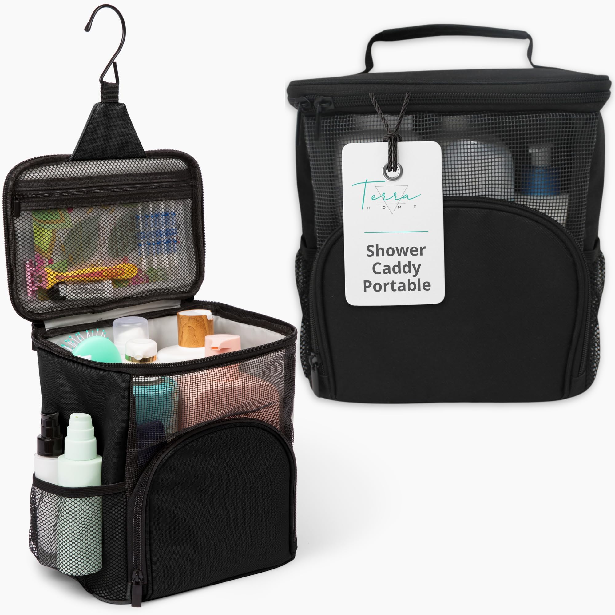 TERRA HOME Original Portable Shower Caddy For College Dorms - Foldable Mesh Tote - Dorm Room Essentials - Durable Hanging Travel Shower Bag - Perfect for College Students, Men, Women (Black)