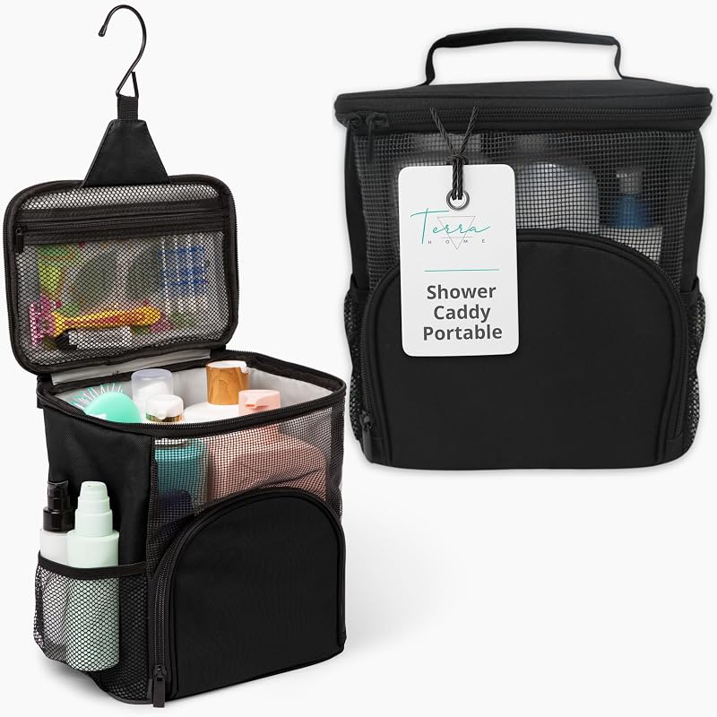 Organizador de ducha portátil original para dormitorios universitarios - Bolsa de malla plegable - Elementos esenciales para el dormitorio - Bolsa de ducha de viaje duradera para colgar - Perfecto para estudiantes universitarios, hombres y mujeres (negro)